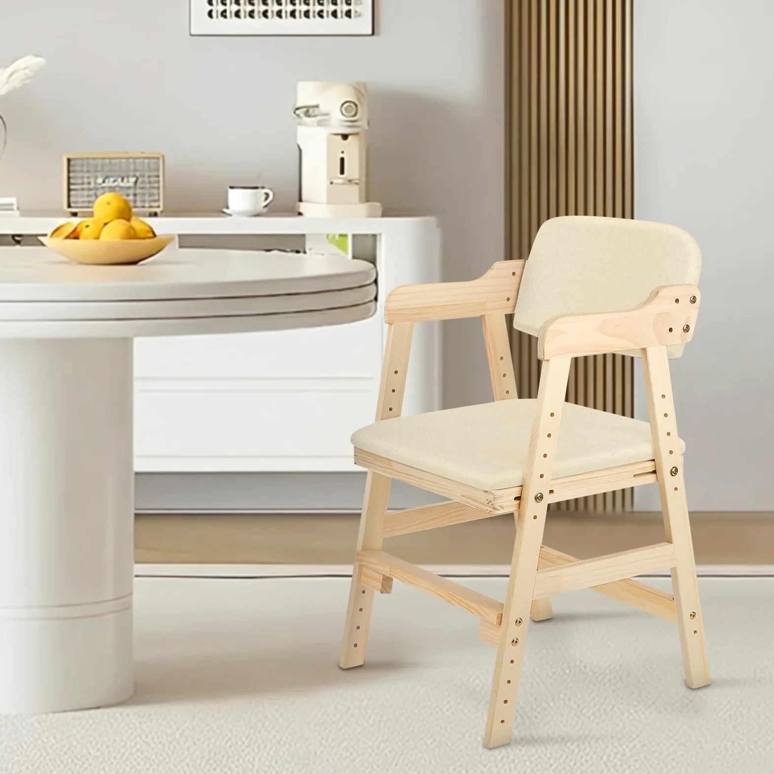 Hochstuhl aus Holz, aus hochwertigem Buchenholz, Stabil & Sicher bis 91 kg,Lehrstuhl, höhenverstellbarer Holzhochstuhl für kinder von 2 bis 12 Jahren (48 x 46 x 78 cm – Beige (1 Stück))