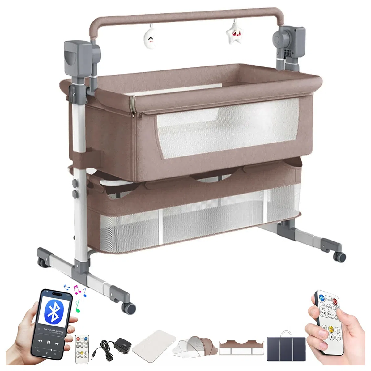 Magic ZC Elektrische Bluetooth Intelligent Beistellbett Baby mit Rollen, Convertible Faltbar Co-Sleeping Babybett, Fernbedienung, 5-schwankende Zahnräder, Stubenwagen Wiege mit Musik (601 Khaki)