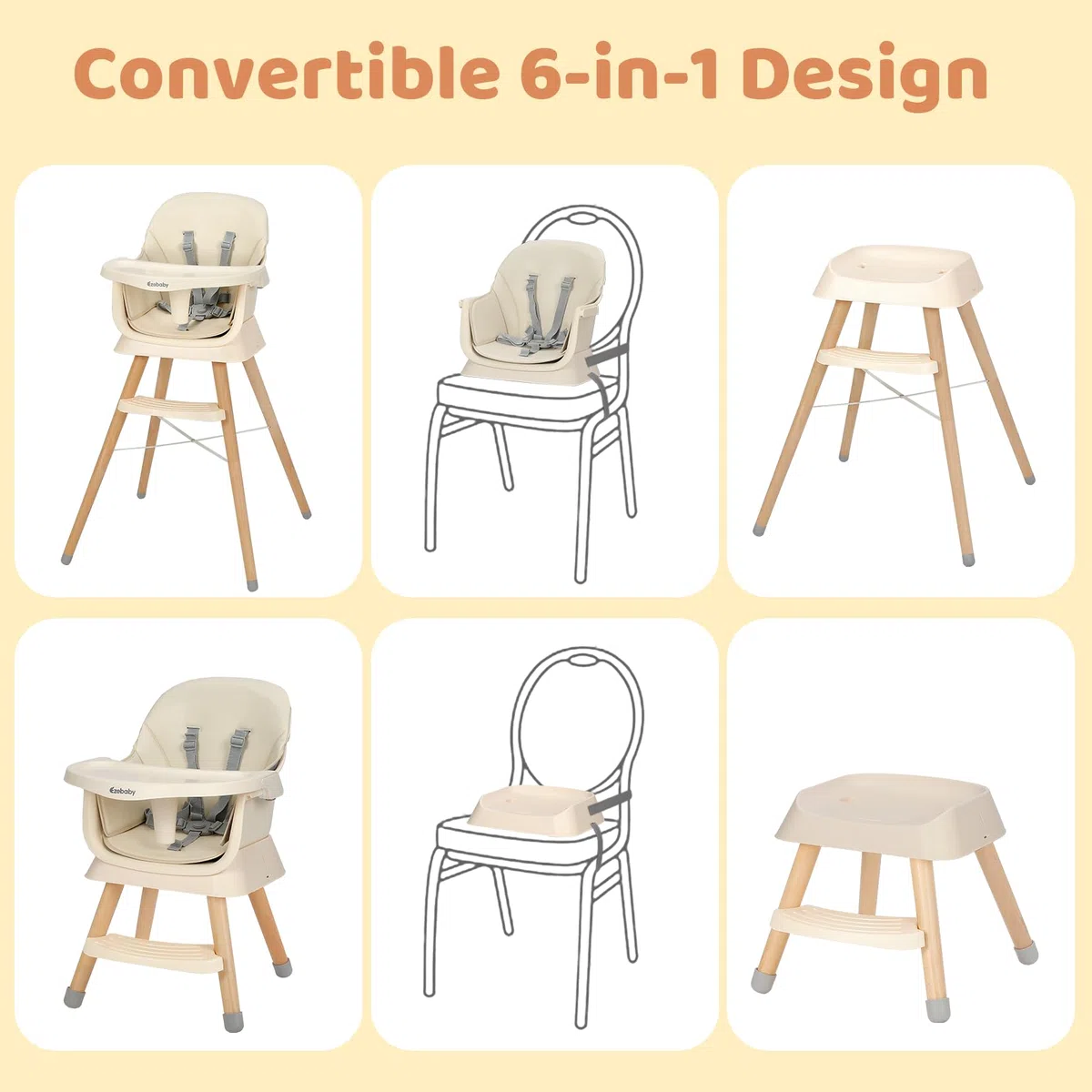 Ezebaby Hochstuhl baby 6 in 1 Sitzerhöhung Kinderstuhl Barhocker, Multfunktional Kinderhochstuhl, Beine aus Holz, mit 5-Punkt-Gurt, Fußstütze, abnehmbare Tablett für Kinder ab 6 Monate (Beige)