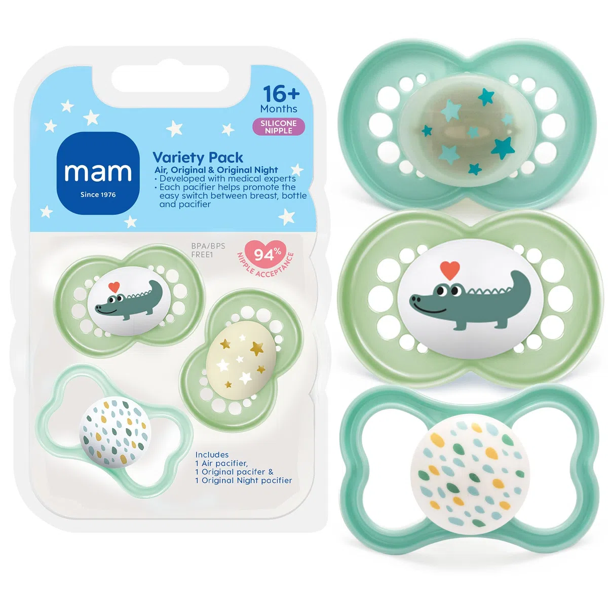 MAM Variety Pack Baby Schnuller, Enthält 3 Arten von Schnullern, Nippelform hilft dabei, eine gesunde Mundentwicklung zu fördern, 3 Stück (1 Stück)
