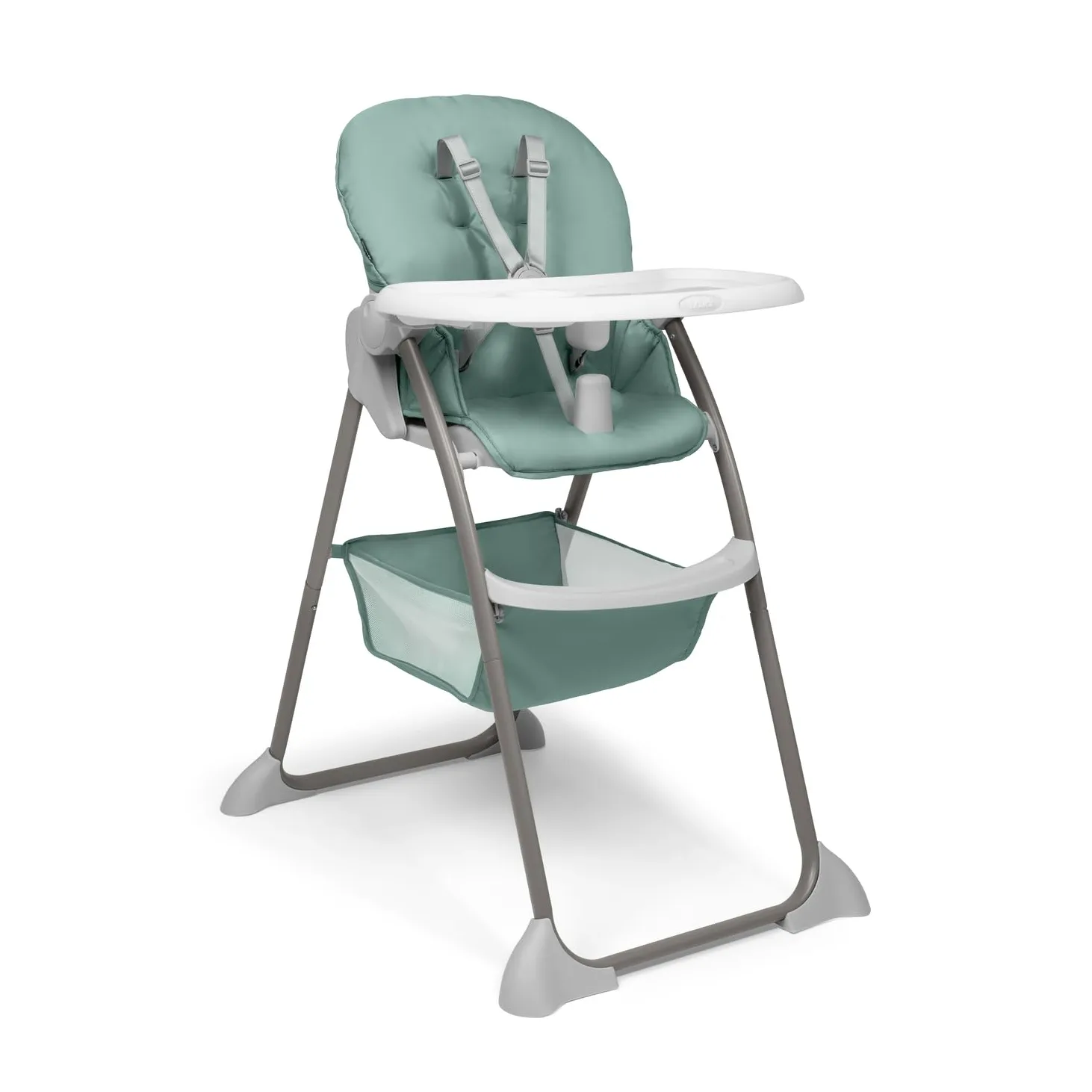 hauck Sit N Fold, Dusty Mint - Faltbarer Hochstuhl für Kinder ab 6 Monaten bis 15 kg, mit 5-Punkt-Gurt, Rückenlehne & Essbrett Verstellbar, Bechervertiefung & Erhöhter Rand, Großer Korb