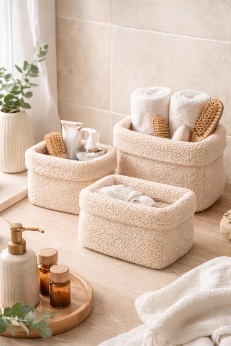 Aufbewahrungskorb Wickeltisch Baby, Körbchen Set 3 Stück, Organizer Wickelkommode, Utensilo Aufbewahrungsbox Badezimmer (BOUCLE_CREME)