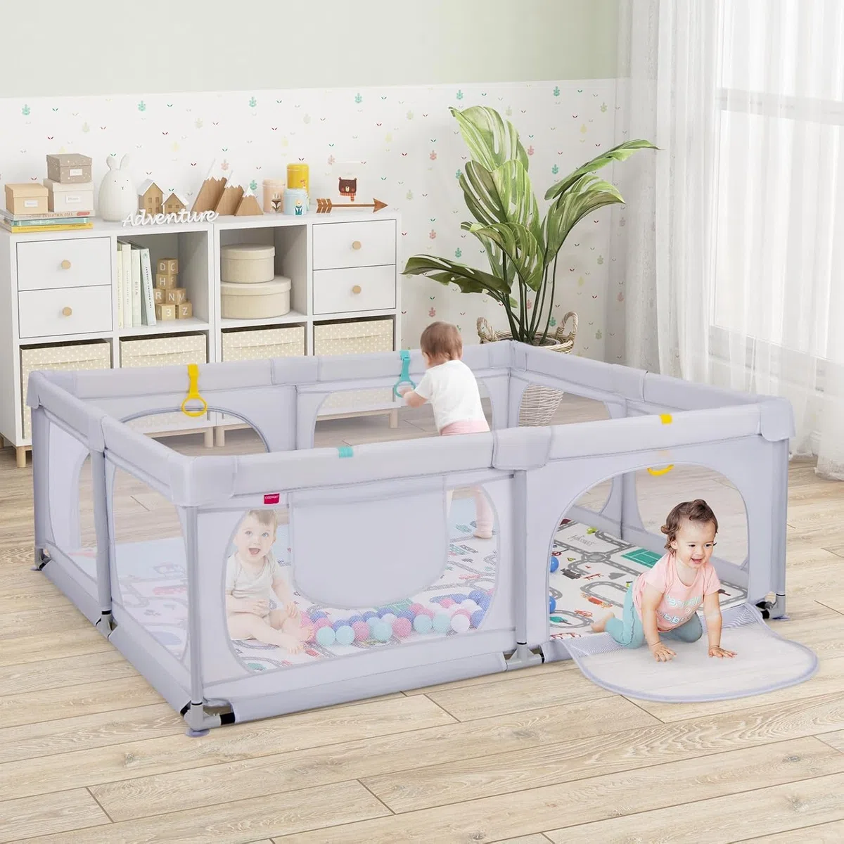 FANTASK Laufstall Baby faltbar mit Matratze 189 x 158 cm, Laufgitter mit 50 Spielbällen & 4 Griffe (Hellgrau)
