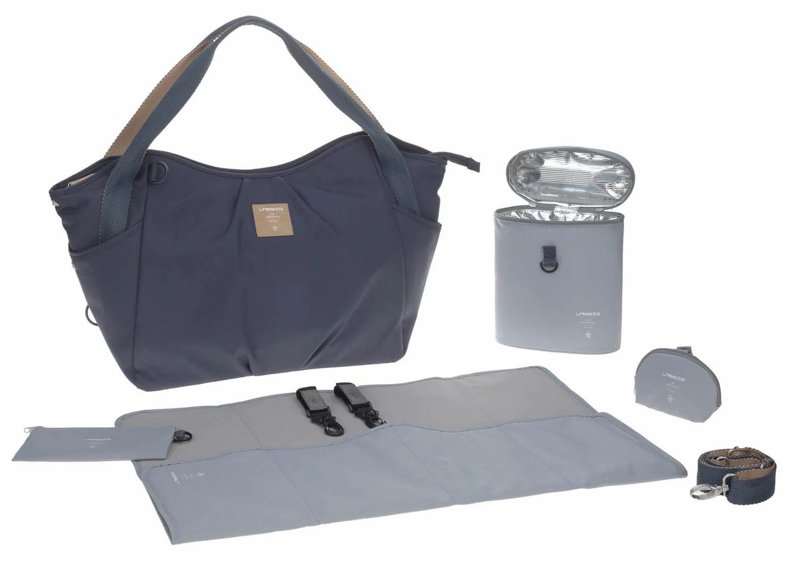 LÄSSIG Baby Wickeltasche Zwillinge Zwillingswickeltasche Babytasche Kliniktasche Wickelrucksack inkl. Wickelzubehör/Green Label Twin Bag Triangle navy