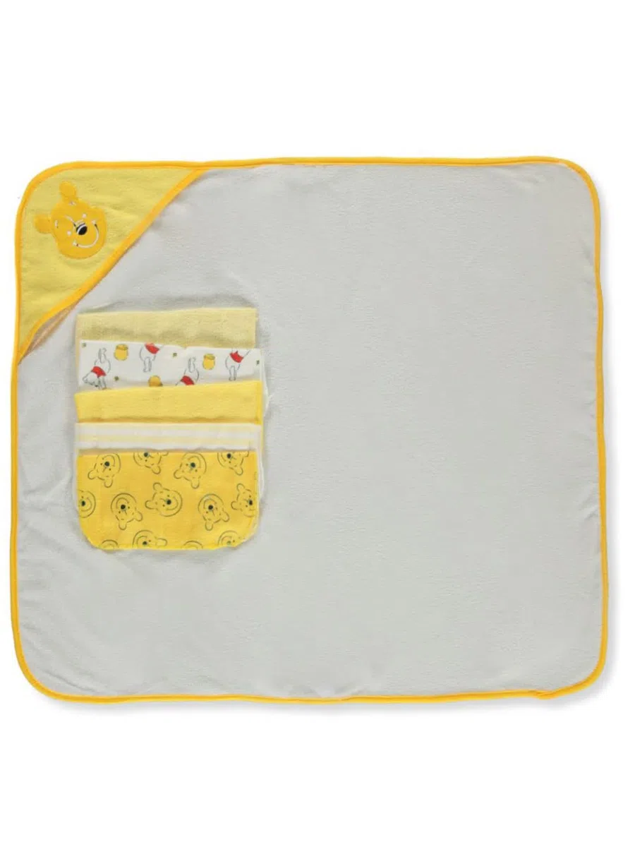 Cudlie Accessories Disney Baby Winnie The Pooh Hooded Towel mit 5-teiligem Waschlappen-Set, Honey Collector Print, GS71798, Gelb