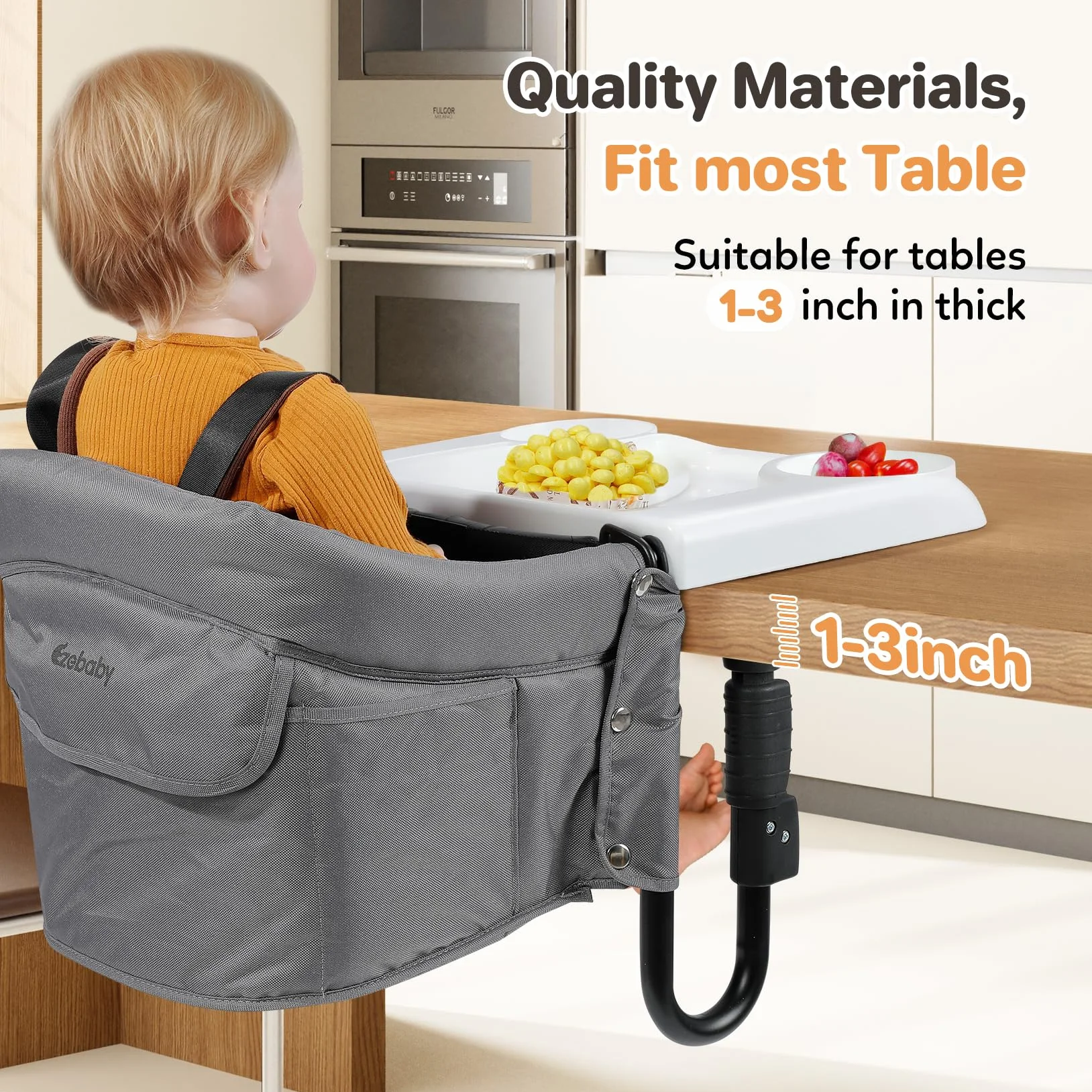 Ezebaby Tischsitz Klappbarer Sitzerhöhung Tragbarer Baby Hochstuhl Schnelle Anpassung mit 5-punkt Sicherheitsgurt und Tragetasche für Tischdicken von 2,5 bis 7,5 cm (Grau, mit Tablett)
