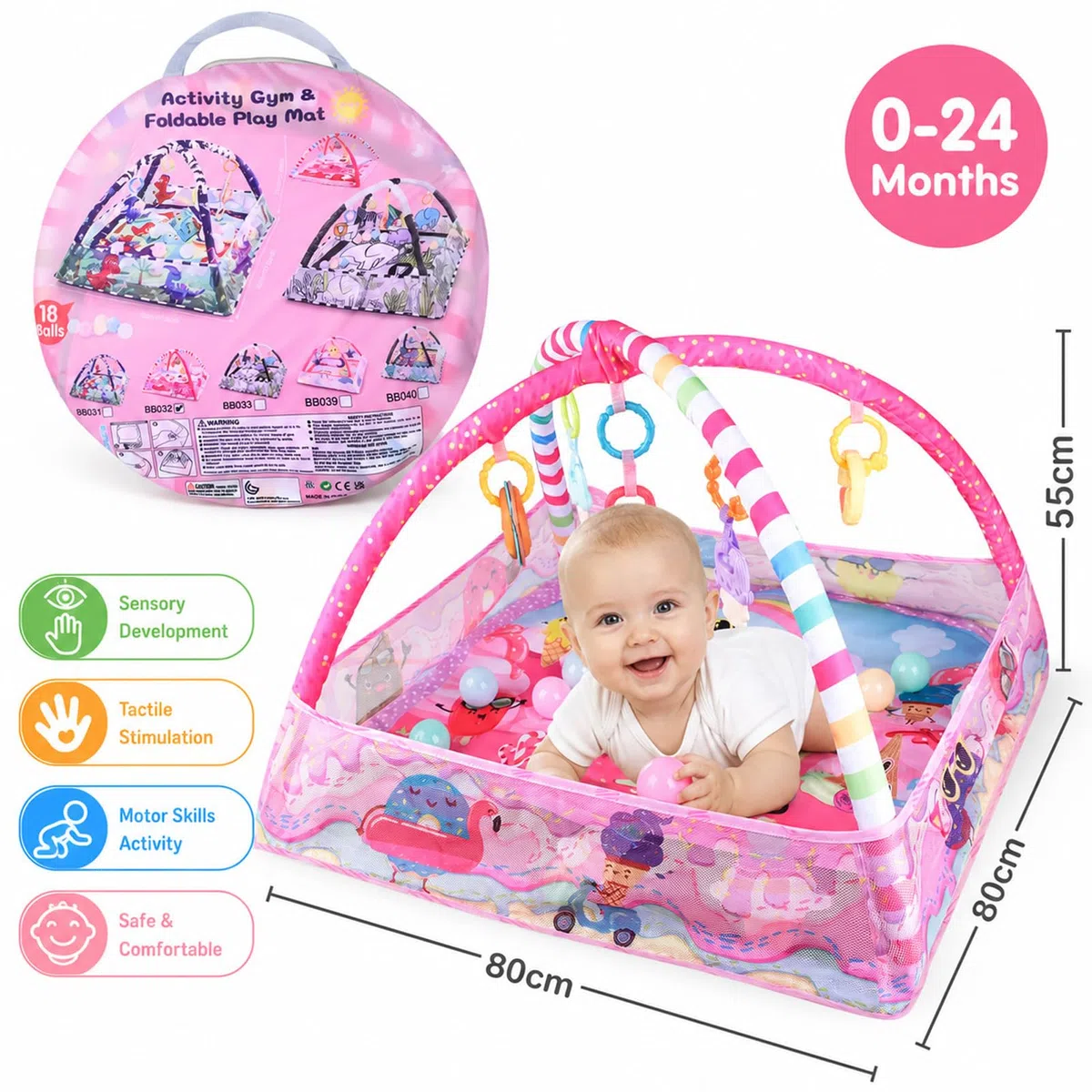 Bebamour Baby Spielmatten Bodenturngeräte von Geburt an, 18 Bälle, 5PCS Hängespielzeug, weiche Baby Play Activity Gym Spielmatten Bodenturngeräte für 0-24Monate(Pink)
