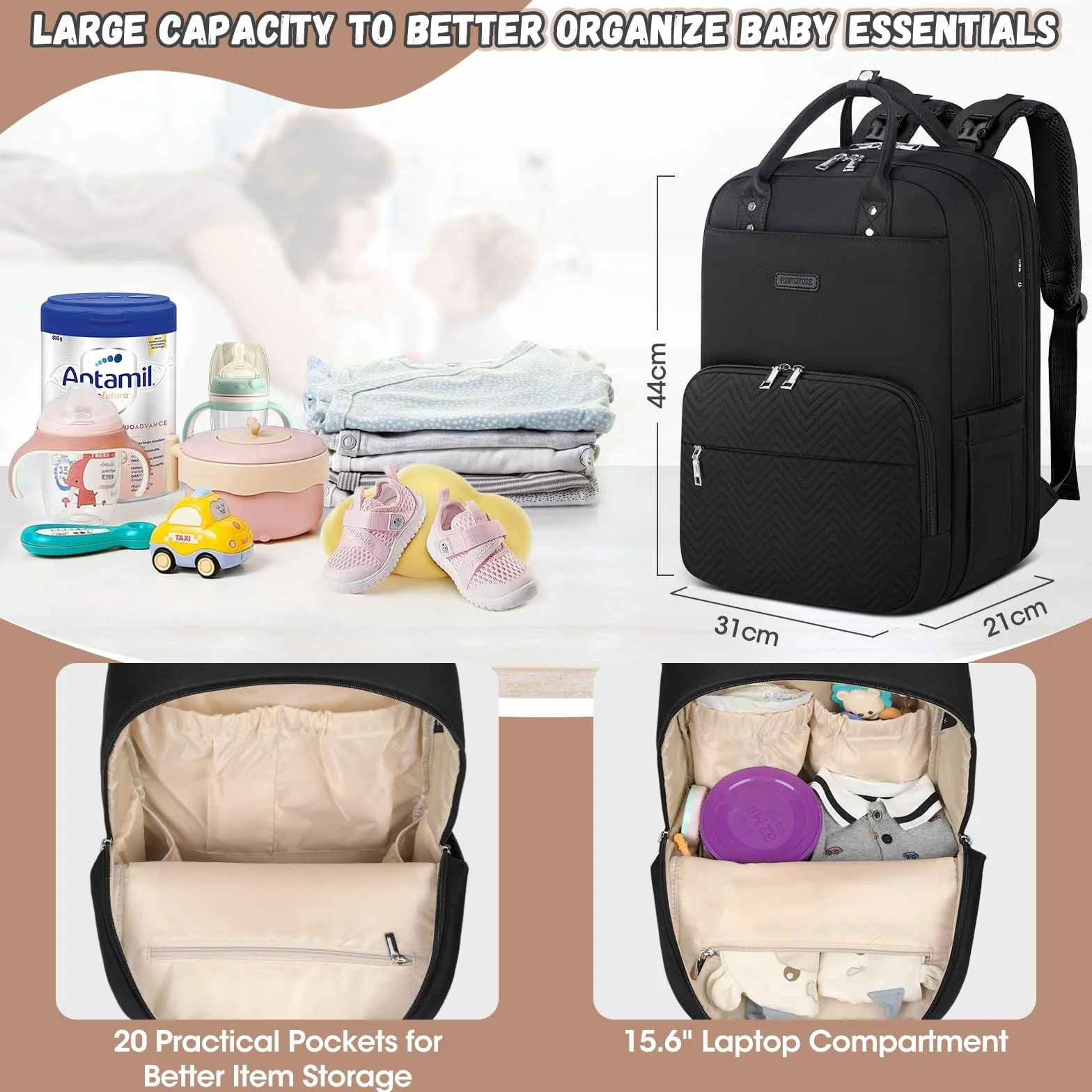 RAINSMORE Wickelrucksack Baby Wickeltasche Rucksack mit Wickelunterlage Unterwegs Groß Diaper Bag Multifunktions Baby Taschen für Mama und Papa Schwarz