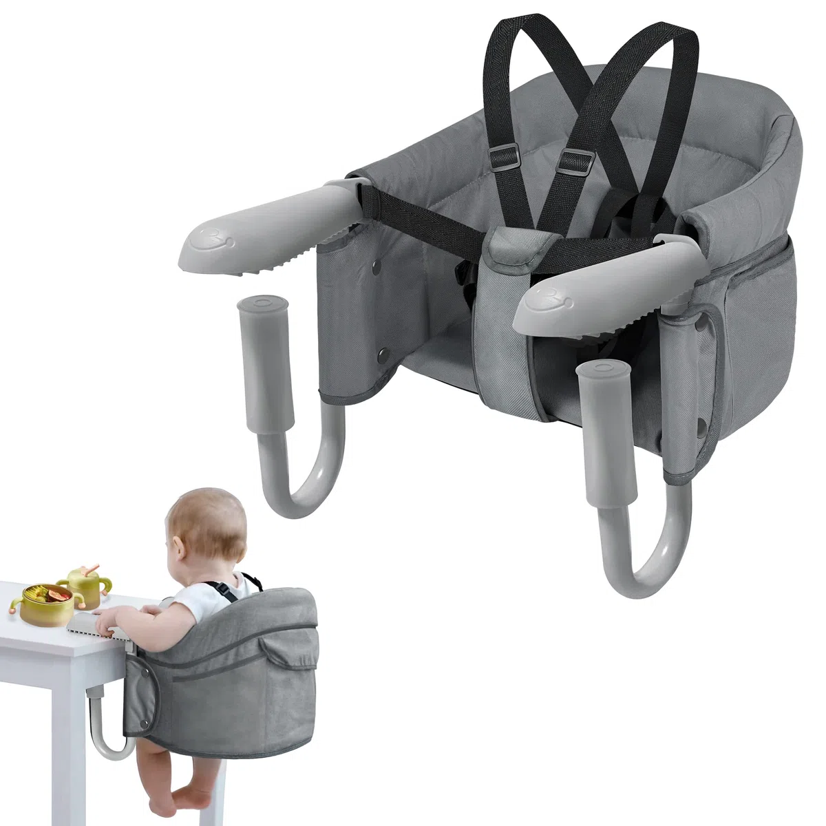 Aufun Faltbarer Babysitz Booster Sitz mit Anti-Rutsch-Klemmen, ergonomischer Rückenlehne, Sicherheitsgurt, Kinder Reisehochstuhl Grau