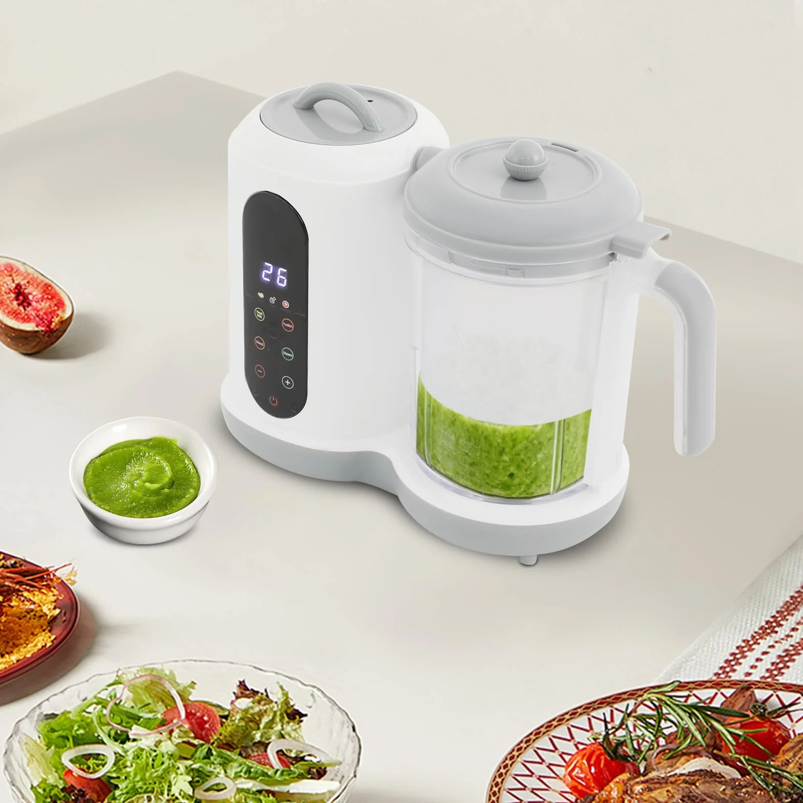 Multifunktions Mixer für Babynahrung, Gemüse und Obst, 450W Babynahrungszubereiter Dampfgarer & Zerkleinerer, 400ml Kapazität, Ideal für Familien, Kindergarten & Küche, Weiß