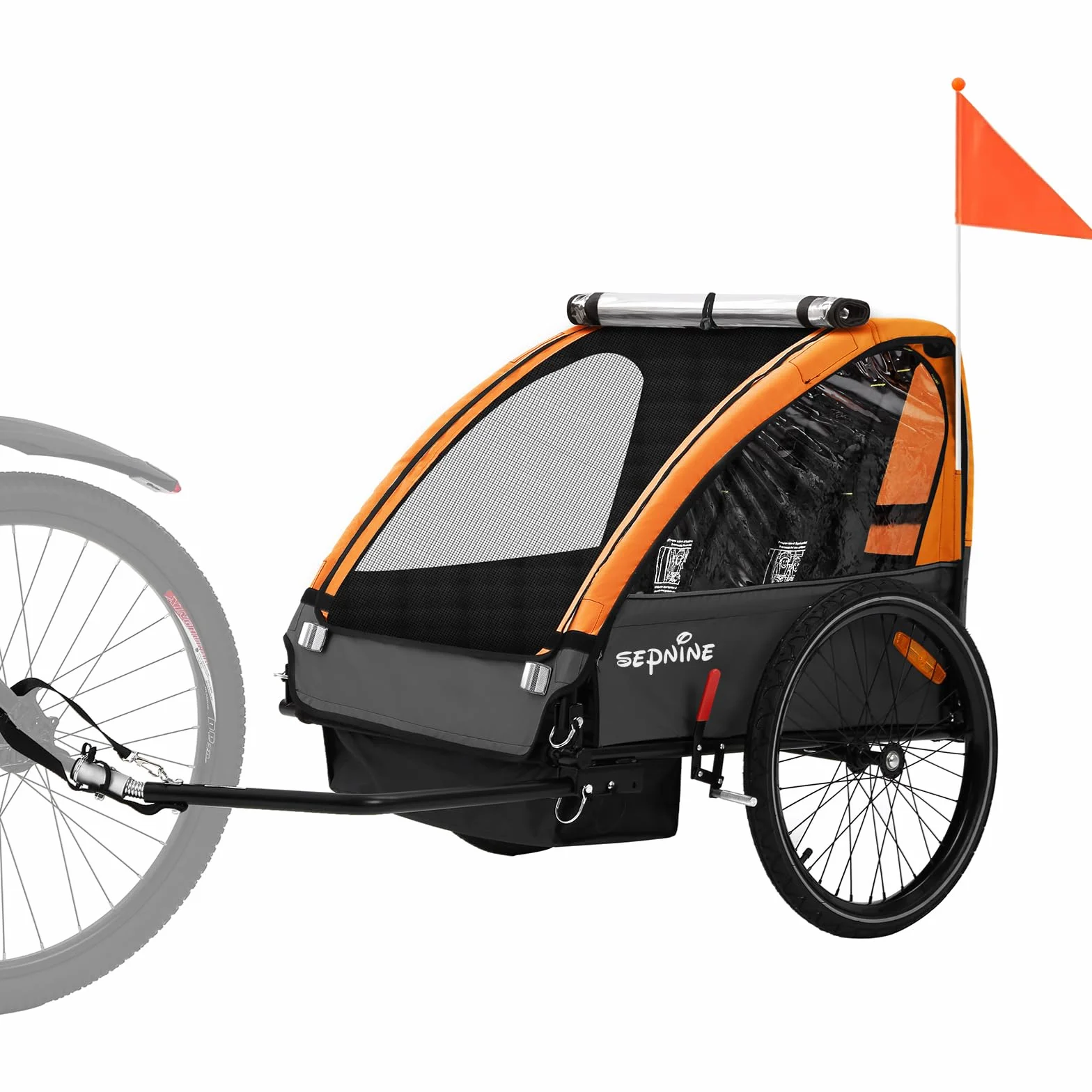 SEPNINE Fahrradanhänger mit 5-Punkt-Sicherheitsgurt, Luftreifen, Handbremse, Faltbar, Max. 40 kg (Orange)