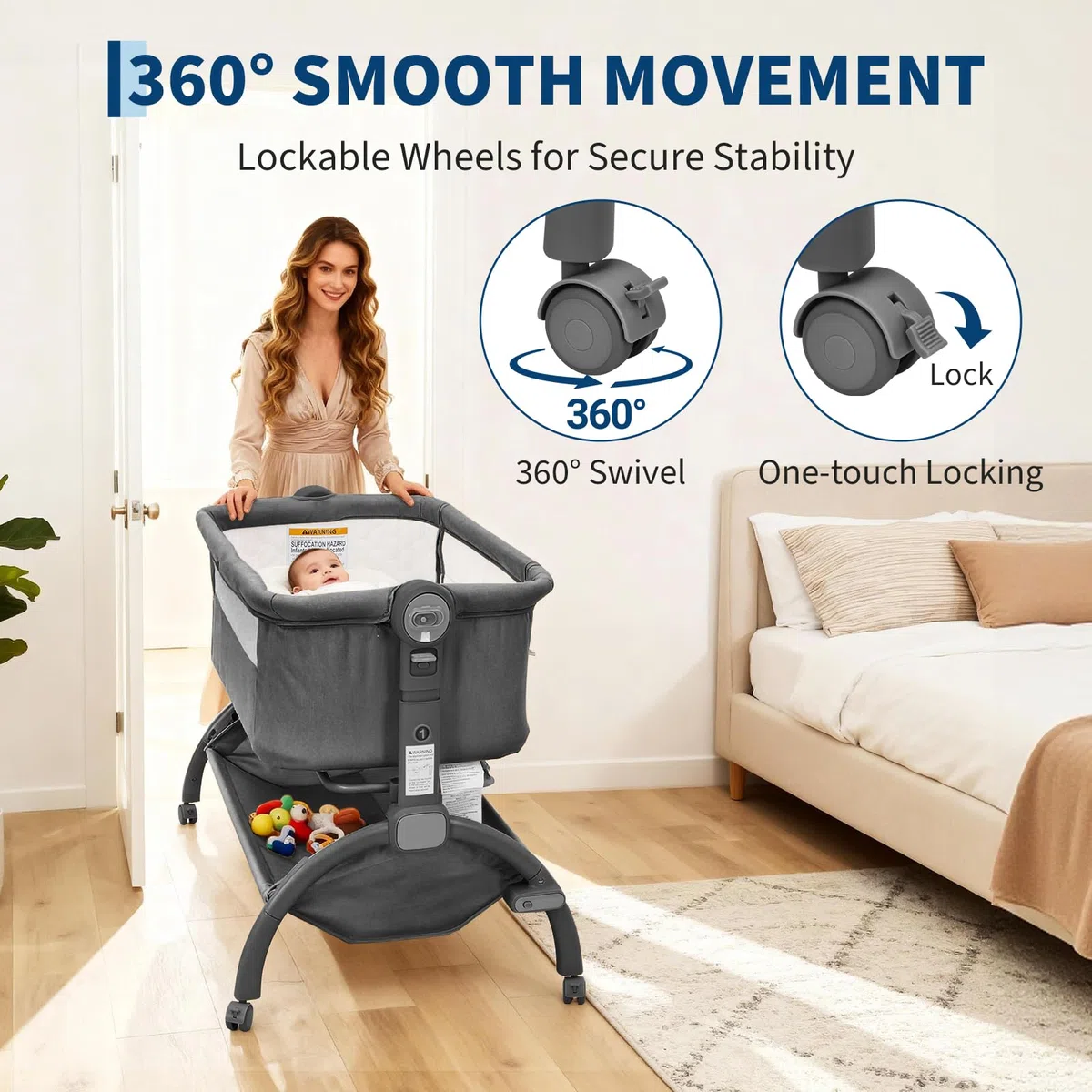 GarveeTech Beistellbett Baby höhenverstellbar mit Matratze, Mesh-Seiten, Wiegefunktion, Rollen mit Bremse, Moskitonetz, Ablagekorb und Tragetasche, für Neugeborene 0–6 Monate