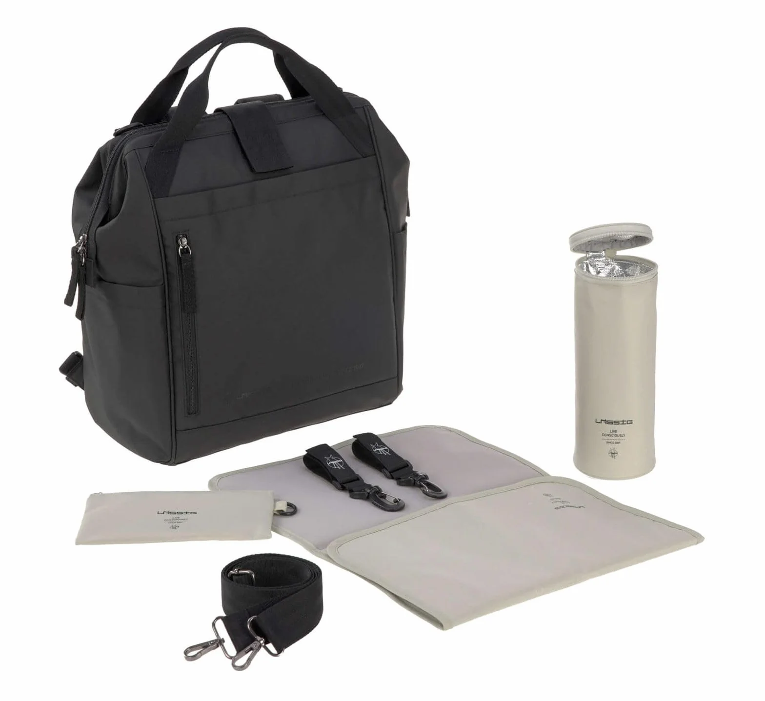 LÄSSIG Baby Wickelrucksack Wickeltasche inkl. Wickelzubehör Rucksack mit Wickelunterlage nachhaltig produziert/Goldie Up Backpack black 1103034000