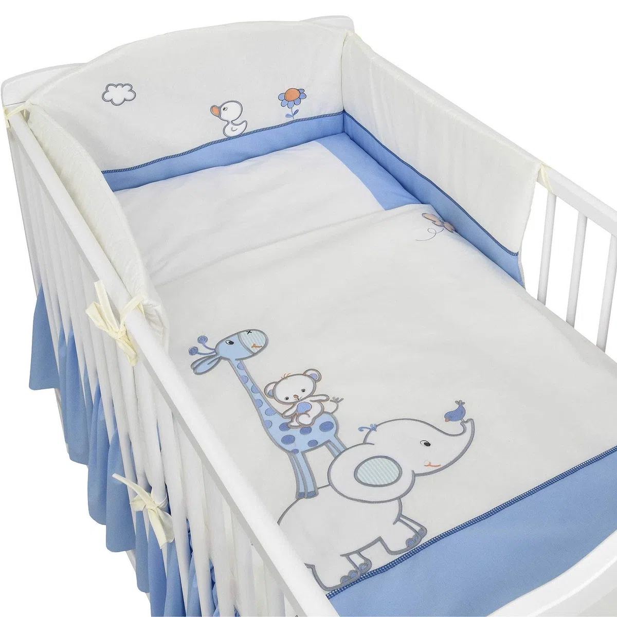 Babybett Komplett Set Max Prince 60x120 weiß Kinderbett umbaubar zum Juniorbett inkl. Bettwäsche Set Komplett (Zirkus blau)