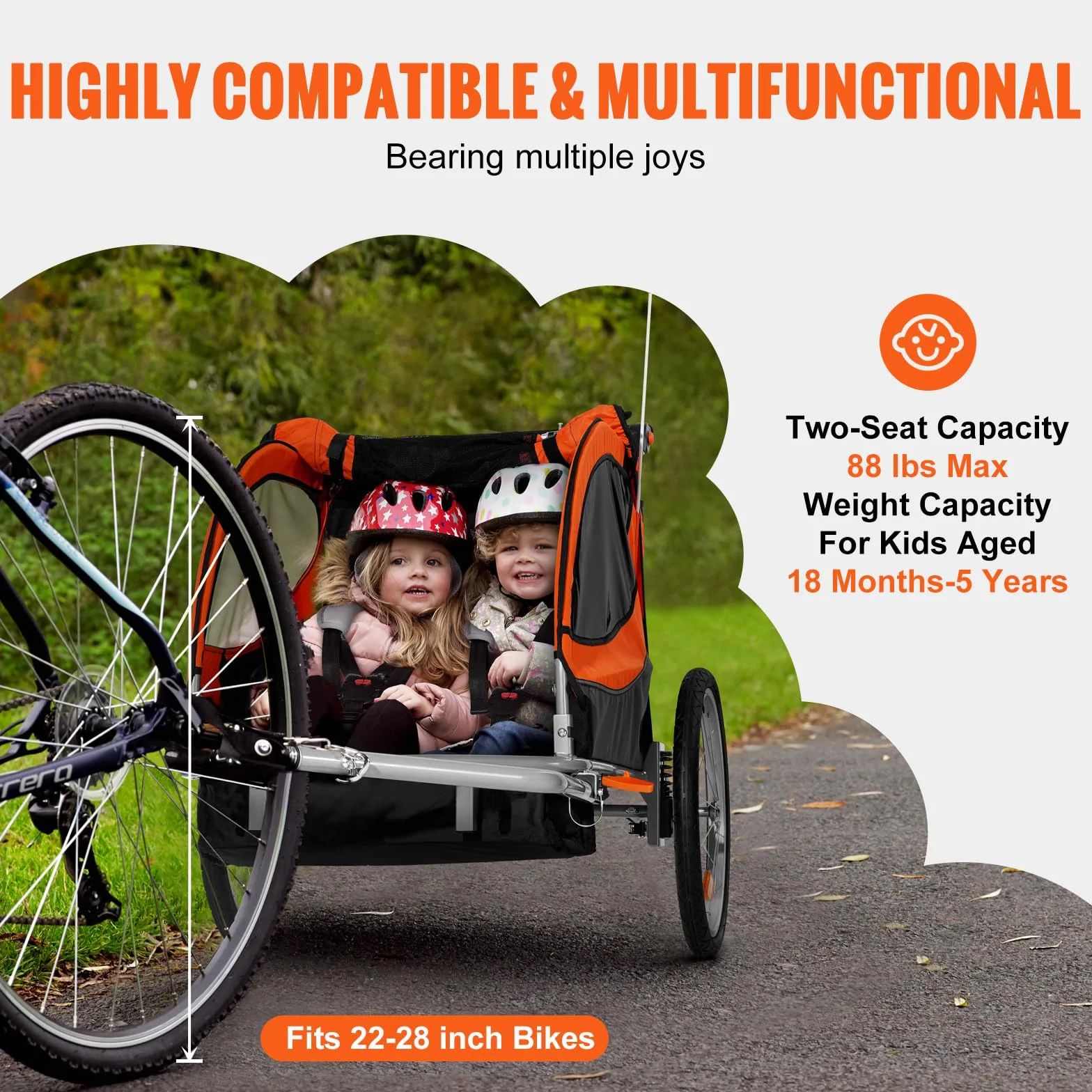 VEVOR Fahrradanhänger, Kinderfahrradanhänger Doppelsitz, 2-in-1- Kinder Anhänger Buggy, umbaubar in Kinderwagen, Faltbarer Kinderfahrradanhänger zum Ziehen von Fahrradkupplung