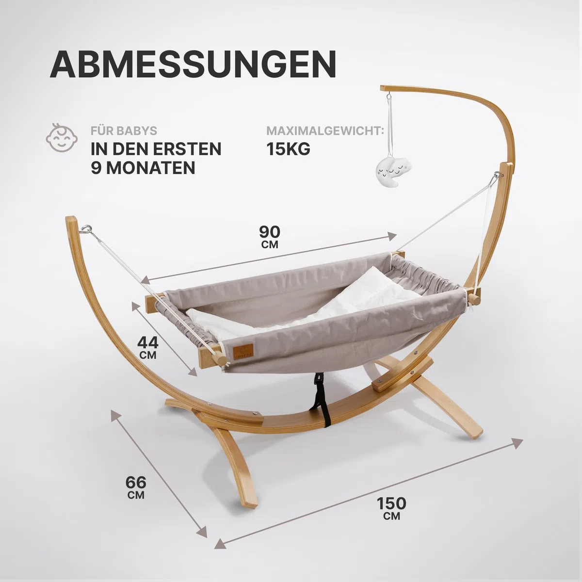 Baby Hängematte [QuickFix-Schlaufe] Babywiege Babybett Federwiege mit Gestell Kinderschaukel Babywippe für Kinderzimmer, Esszimmer, Wohnzimmer | Grau