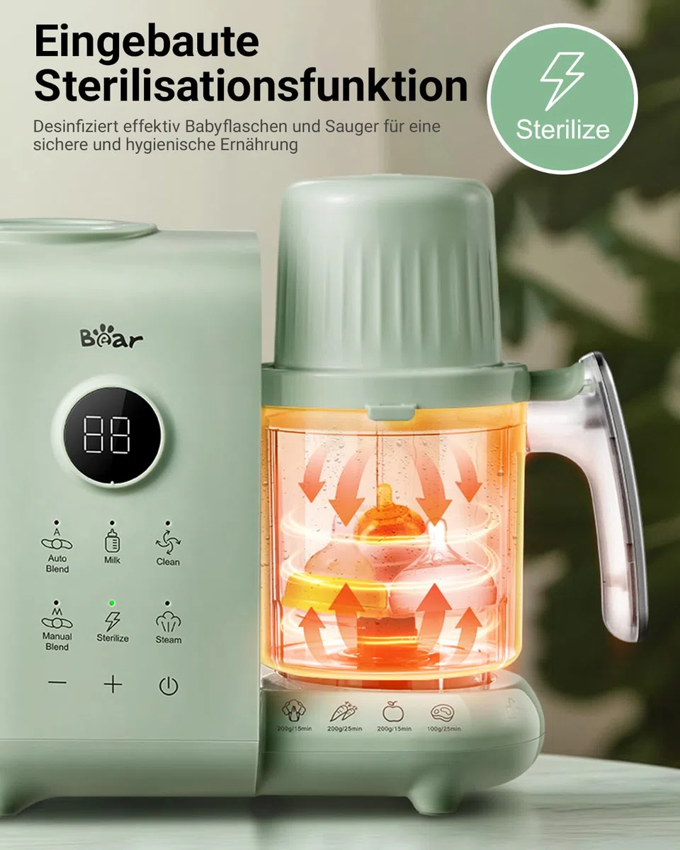 Bear 6-in-1 Dampfgarer mit Mixer Premium Babynahrungszubereiter,Dämpfen, automatisches Rühren, Milcherwärmung, Desinfektion, Selbstreinigungsfunktion, Automatische Reinigungsfunktion, BPA-frei (Grün)