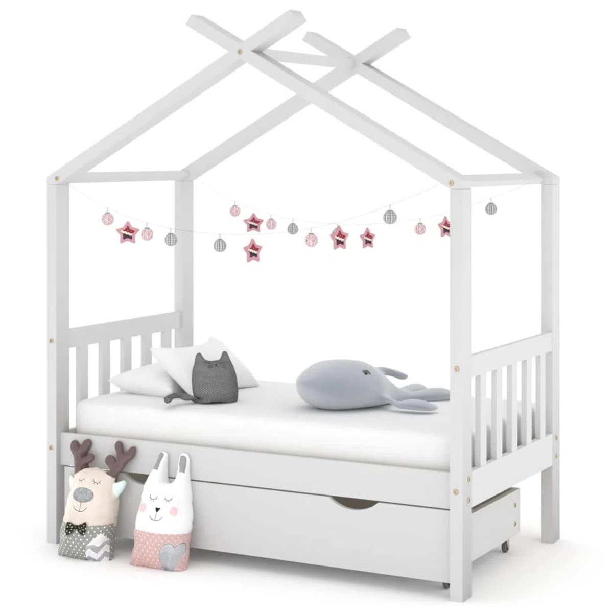 Chusui Kinderbett mit Schublade, Kinderbett, Hausbett, Kinder Bett, Betten, Weiß Massivholz Kiefer 70x140 cm