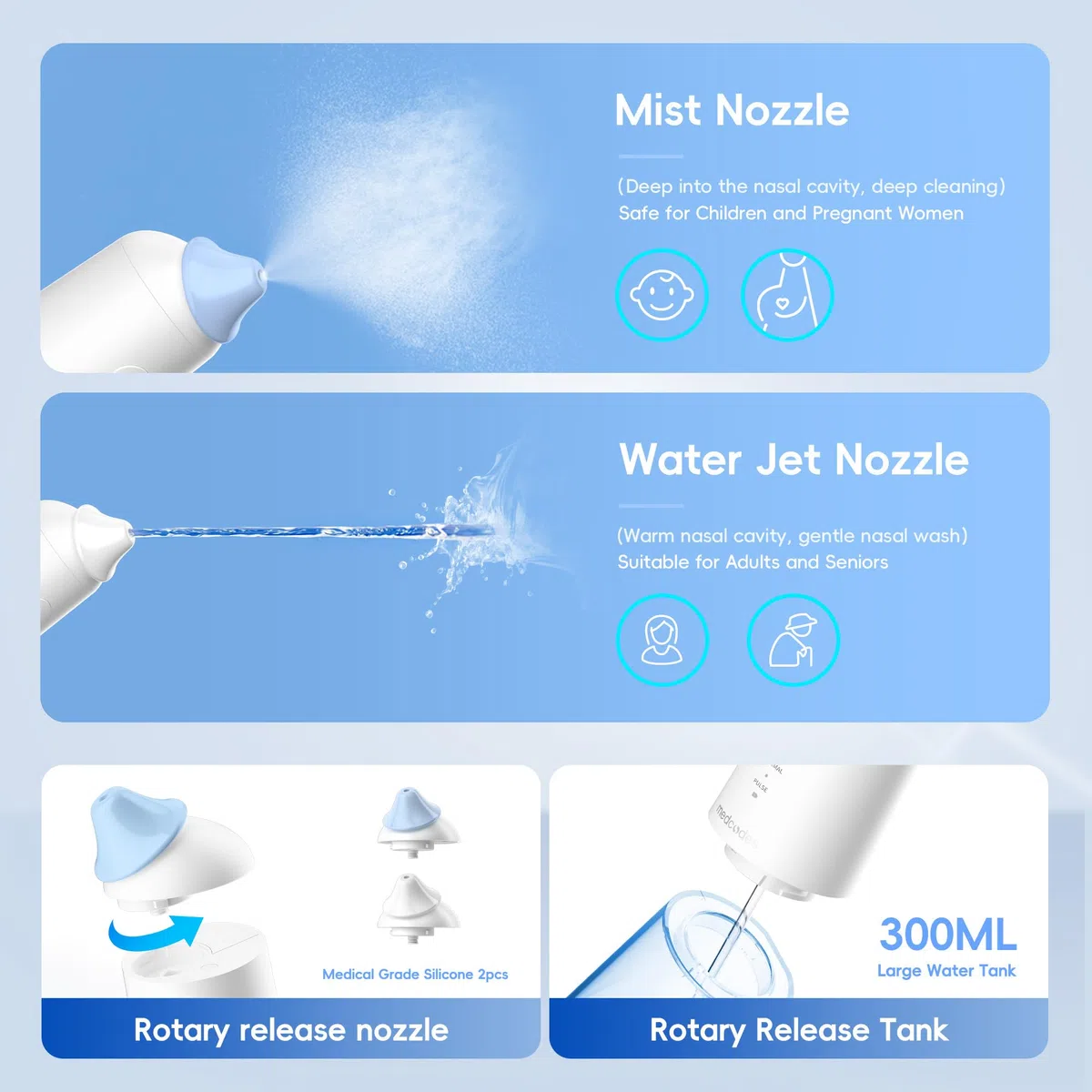 Nasendusche Set Nasales Bewässerungssystem, Elektrisch Nasenspülmaschine, Nasenspülkanne zur Nasenreinigung und Nasenspülung bei Erkältung und Allergie, 30x Nasenspülsalz