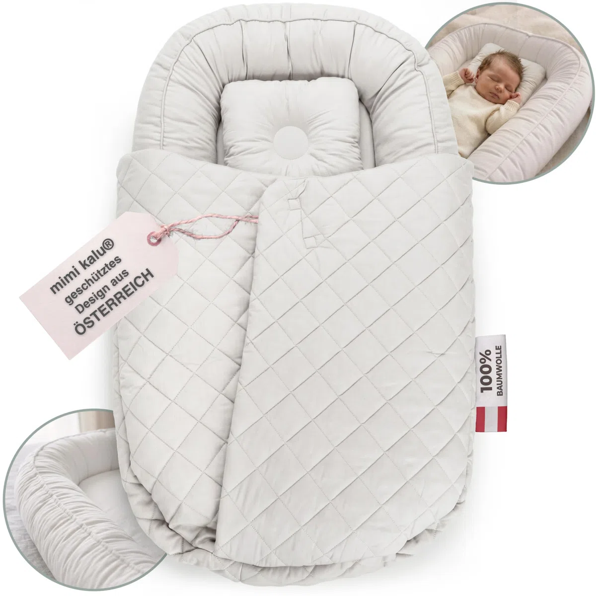 mimi kalu® Babynest für Neugeborene 100% Soft-Cotton Bezug, mit extra hohen Rändern (sicher) & Snuggle Hug Decke Bettschlange Baby Nestchen Baby