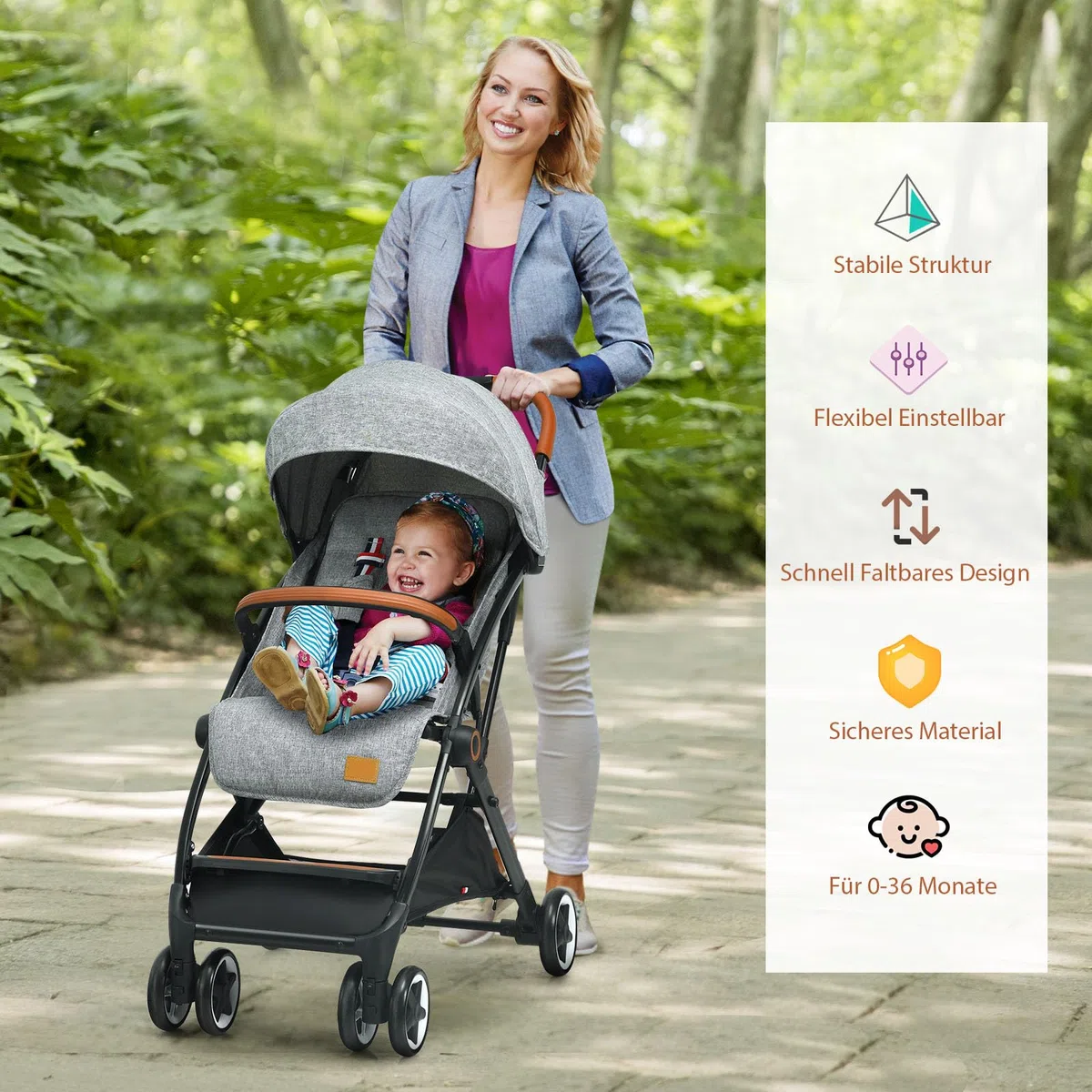 COSTWAY Kinderwagen Einhand Faltbar, Kinderbuggy mit verstellbare Rückenlehne & Verdeck, Reisebuggy mit Liegefunktion, Sicherheitsgurt für Baby bis 3 Jahren, 15 kg Belastbar (Grau)