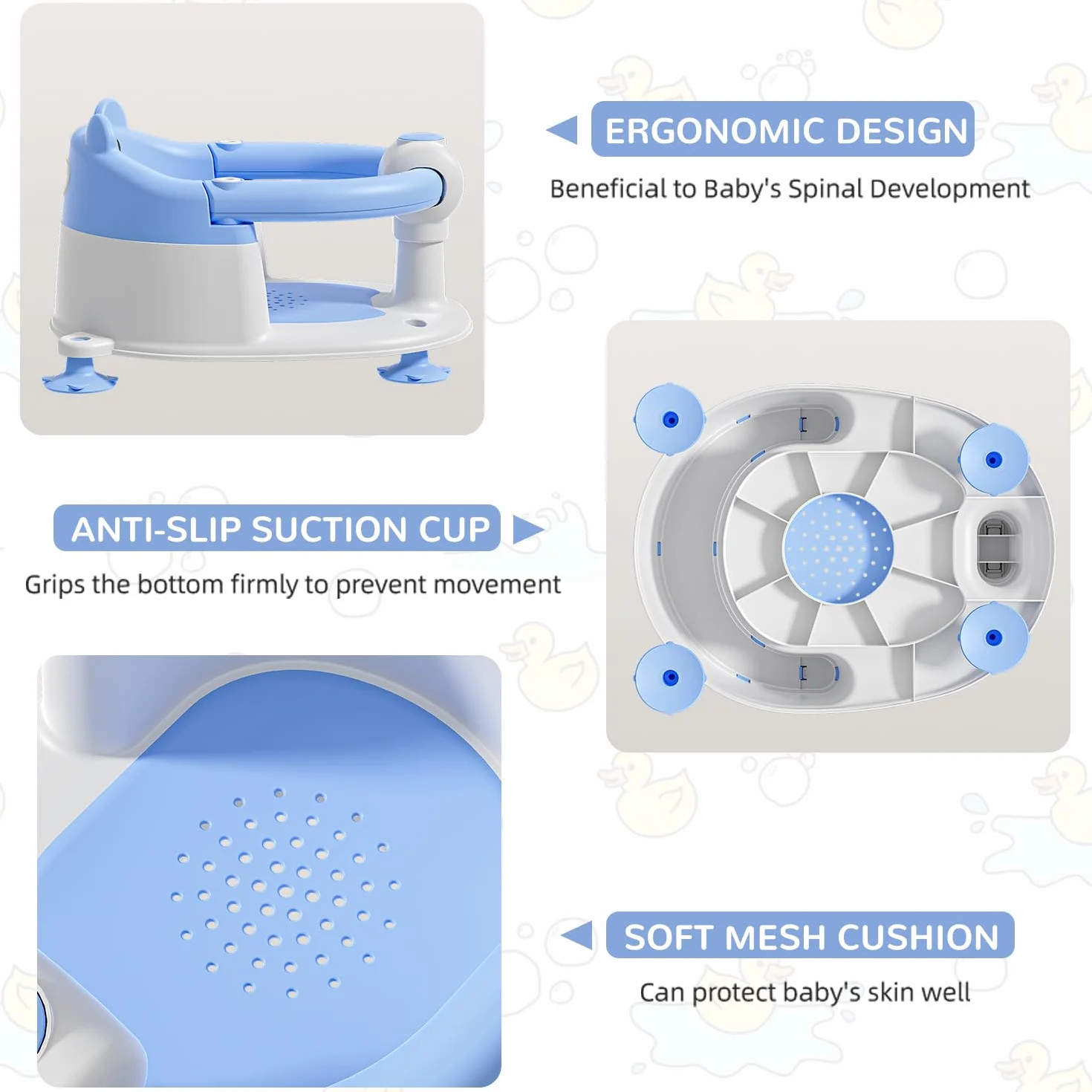 Badewannensitz Baby ab 6 Monate, Bär Rutschfester Badesitz Baby mit 4 Saugnäpfen und Kissen für Kleinkinder und Neugeborene, Sicherer Tragbarer Badstuhl für Dusche oder Badewanne, Blau