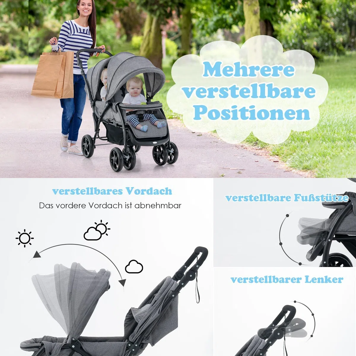 FANTASK Geschwisterwagen klappbar Zwillingswagen verstellbare Rückenlehne Verdeck Baby ab 6 Monate 30 kg Belastbar Grau