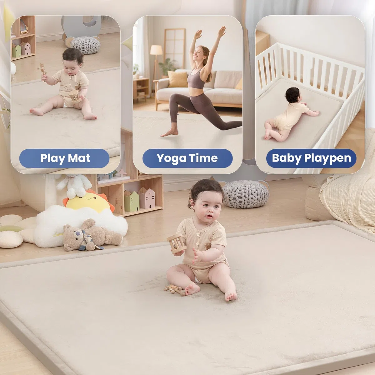 Huloo Sleep Baby-Spielmatte, 3,5 cm dicker Memory-Schaum, Bauchzeitmatte, weicher Korallensamt, rutschfeste Krabbelmatte, großer Kinderzimmerteppich für Boden, einfarbig für Wohnzimmer & Spielbereich