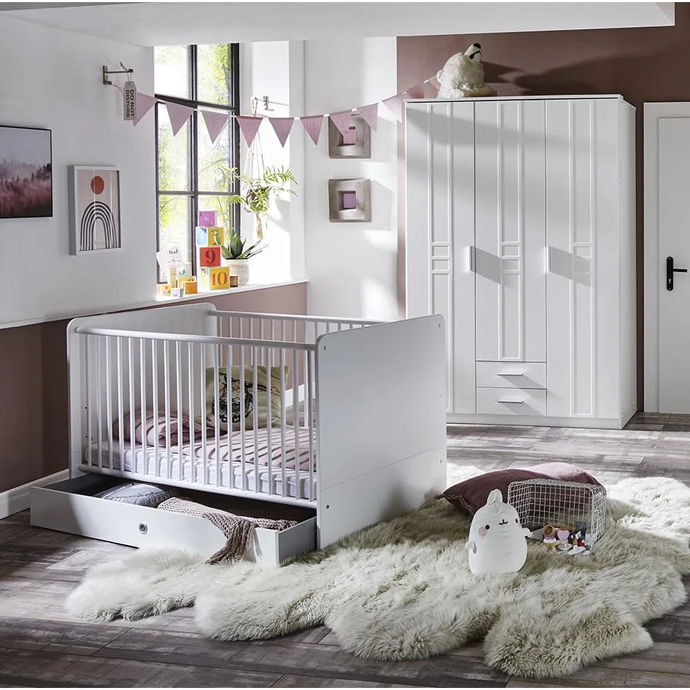 Lomadox Babyzimmer komplett Set 3-teilig mit Gitterbett Kleiderschrank, Bettschubkastenin weiß modern