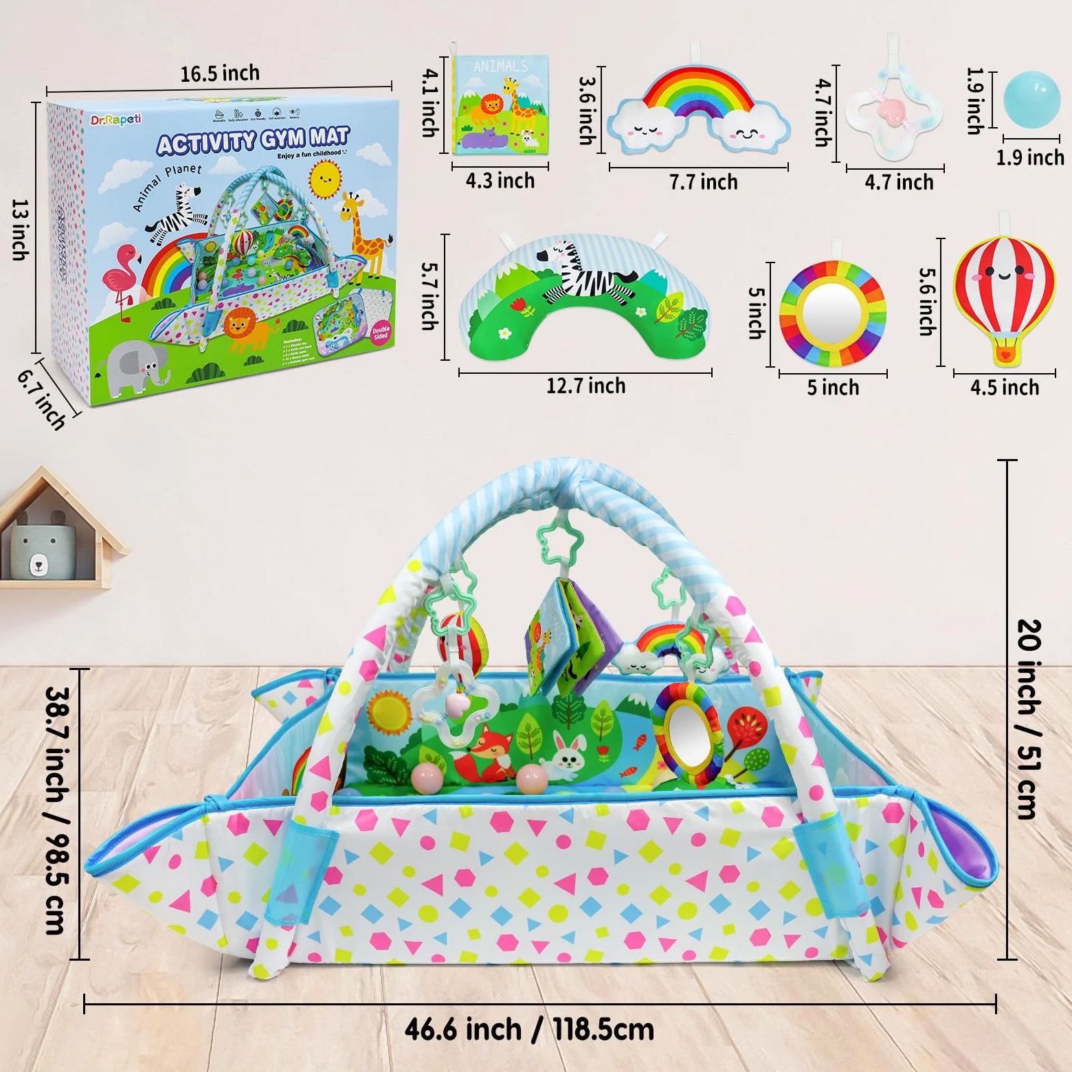 Dr.Rapeti Spieldecke mit Spielbogen, Spieldecke, Spieldecke mit Bällebad, Krabbeldecke mit Spielbogen, Padded Mat for Newborns, Mit abnehmbarem Spiegel, Stoffbuch, Spielzeug und Ball for 0+