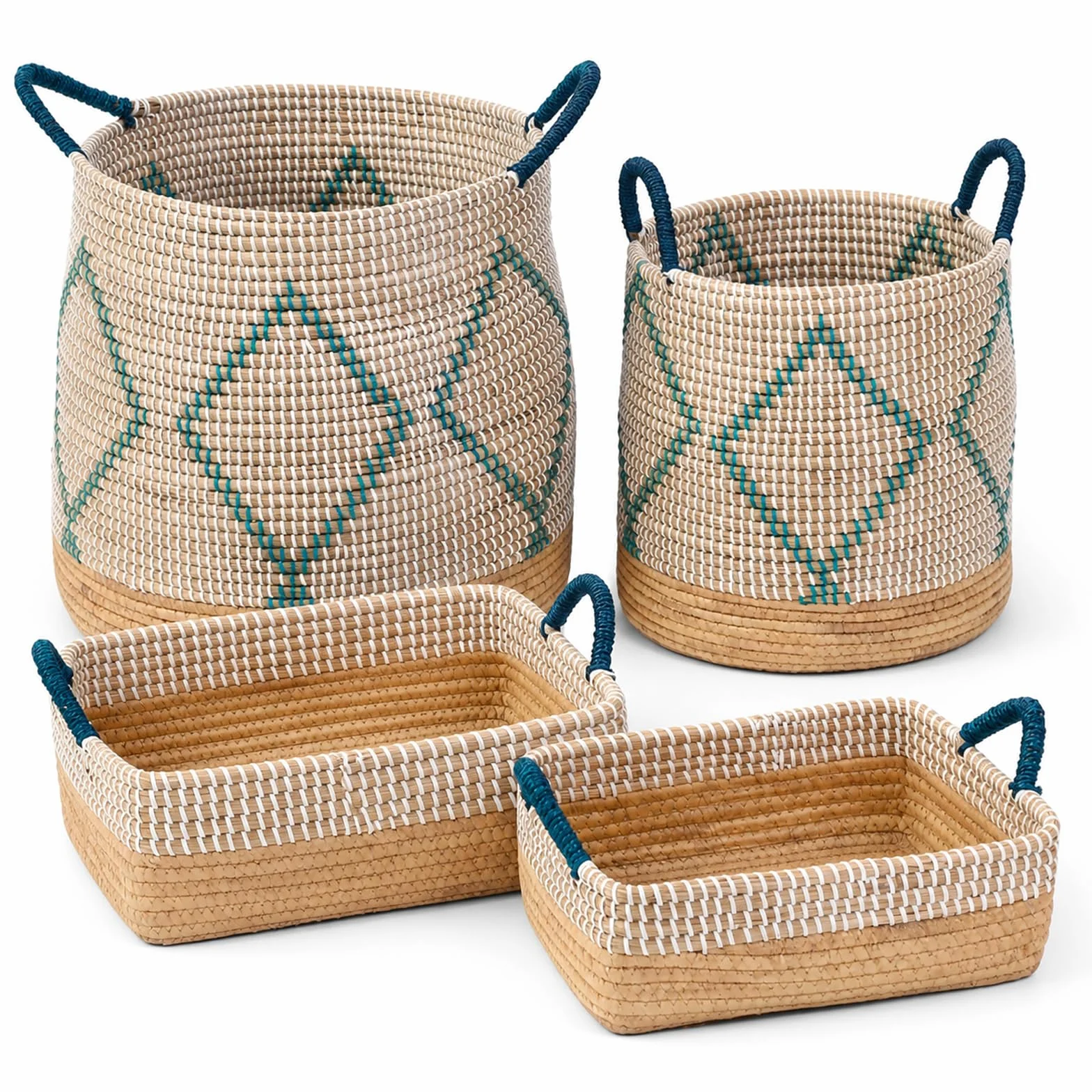 4er Set Aufbewahrungskorb Seegraskorb mit Griffen, Wäschekorb Geflochtener Korb, Handgeflochtener Spielzeugkorb aus Vietnam, 49L/29L/10.7L/7.6L für Wohnzimmer Schlafzimmer Küche Bad Kinderzimmer