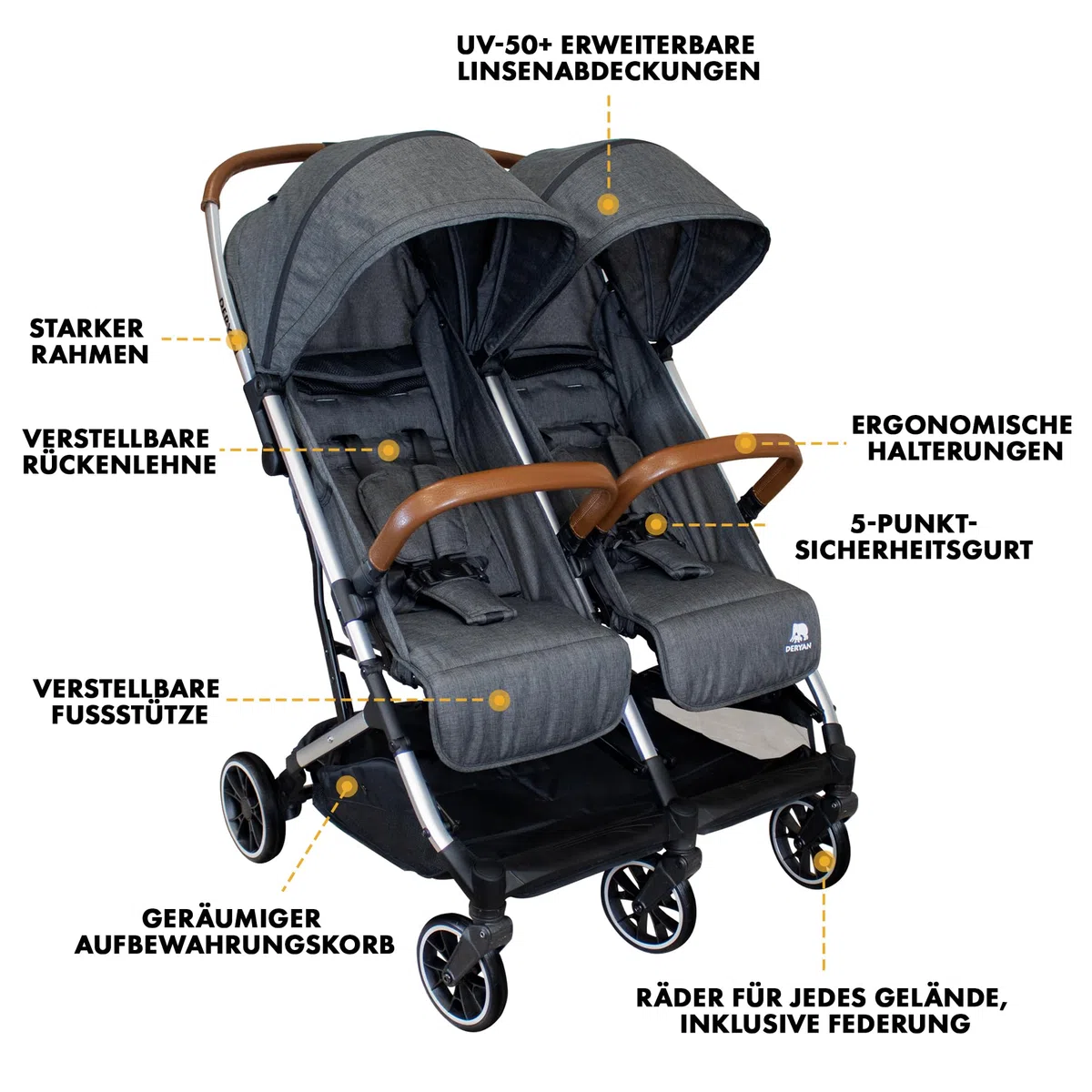 Deryan Rolo X2 Kinderwagen Buggy 2 in 1 - Buggy klein zusammenklappbar - Geburt bis 4 Jahre - Baby Wagen pro Sitz belastbar bis 22kg - Kinderbuggy klappbar - KOMPAKT & FALTBAR - Grau