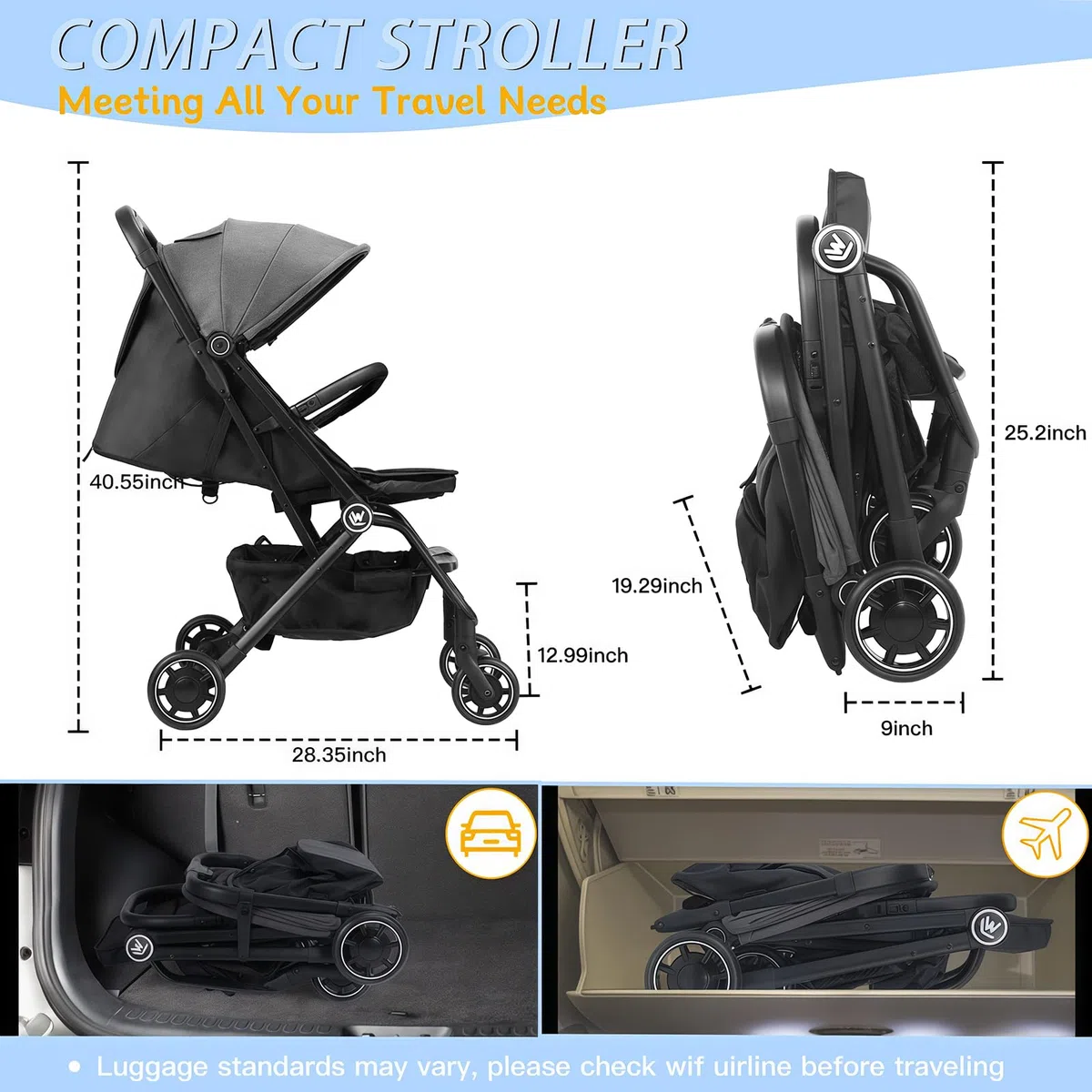 Leichter Kinderwagen, Kompakter Reisebuggy mit Ausziehbarem Fußsack & Schlafverdeck, Einhand-Einfaltbarer Buggy, Verstellbarer Sitz für Kleinkinder 0-36 Monate