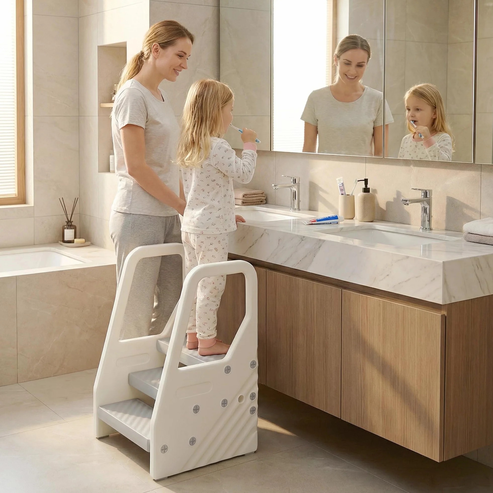 AIYAPLAY Tritthocker Kinder 3 Stufen Höhenverstellbar Kinderhocker Trittschemel mit Handgriffe, Anti-Rutsch-Füßen, Kinderschemel für Badezimmer Küche Waschbecken, für Kinder 2-5 Jahre, Grau