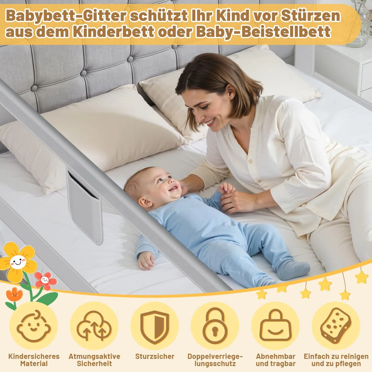Bettgitter 200cm, Bettgitter Rausfallschutz Bett Höhenverstellbar 64-96cm, Bettschutzgitter Kinderbettgitter mit Luftiges Netz für Kinder & Elternbetten, Grau