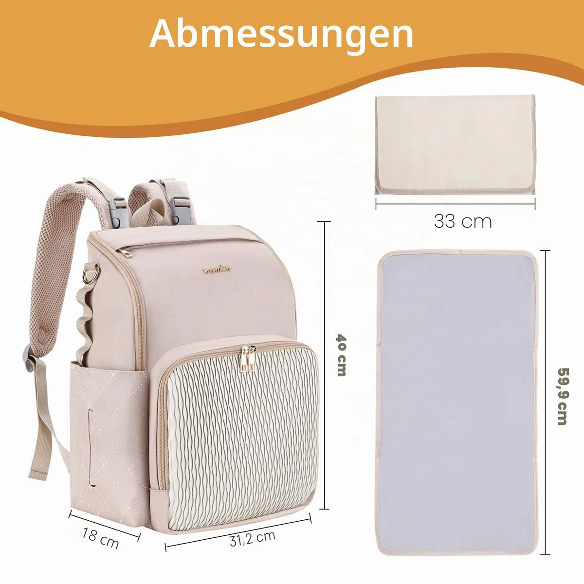 Stilvolle Baby Wickeltasche Großer Wickelrucksack mit Multifunktions – mit Wickelauflage, abnehmbarem Schnullerhalter, Kinderwagengurten - für Mama und Papa