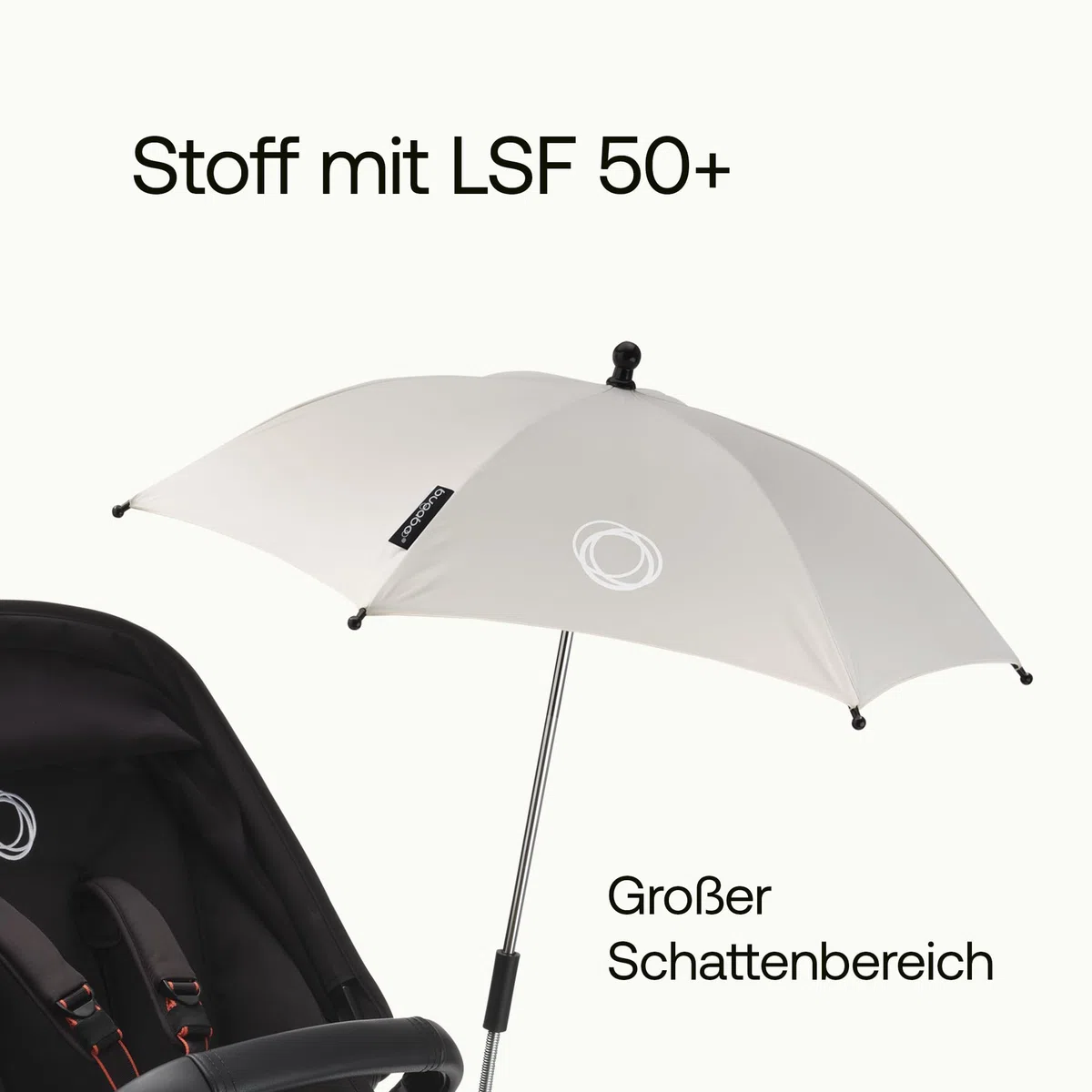 Bugaboo Sonnenschirm+, kompatibel mit allen Bugaboo Kinderwagen, mit UPF 50+ Schutz gegen UV-Strahlen, große Schattenfläche, Verbindung mit einem Klick & leicht verstellbarer Mechanismus, Fresh White | mit UPF 50+ UV Schutz, große Schattenfläche, Verbindu