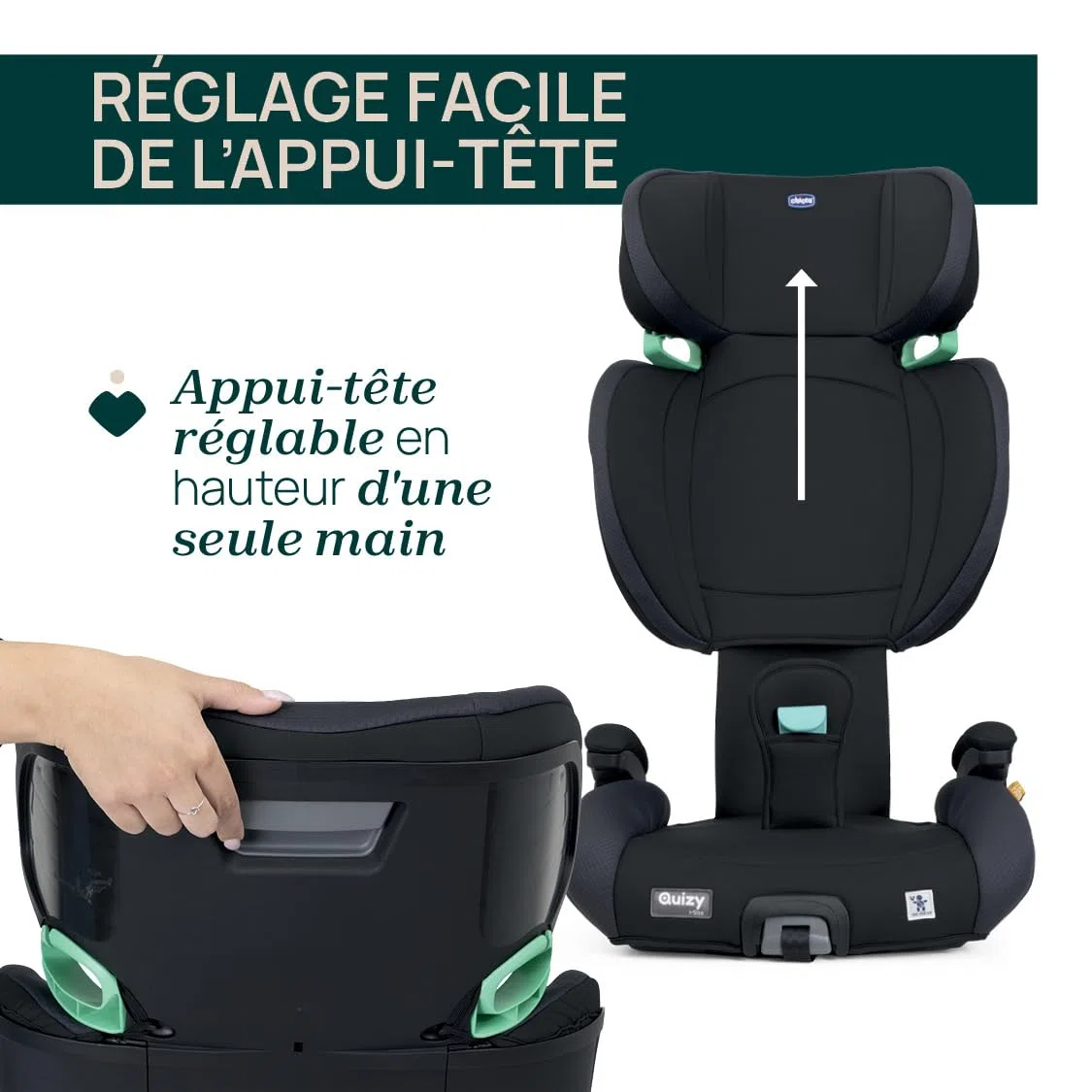 Chicco Quizy i-Size, Kindersitz 3-12 Jahre (100-150 cm), Mit Isofix-System, mit Liegeposition, Höhenverstellbar, mit gepolsterten Armlehnen und komfortablem Sitz, (15-36 kg), Gruppe 1/2/3, Schwarz