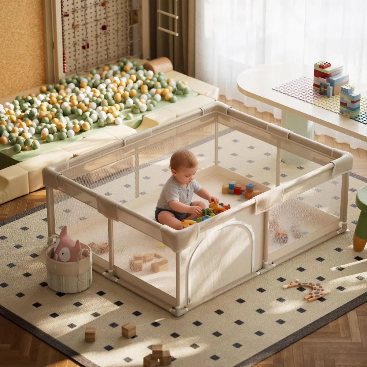 Koonmi Großes Laufstall Baby 150x180 cm Faltbarer Laufgitter mit atmungsaktivem Netz, Stoff & Saugnäpfen – für Babys & Kleinkinder, zusammenklappbarer Spielkäfig für Innen und Außen – Beige