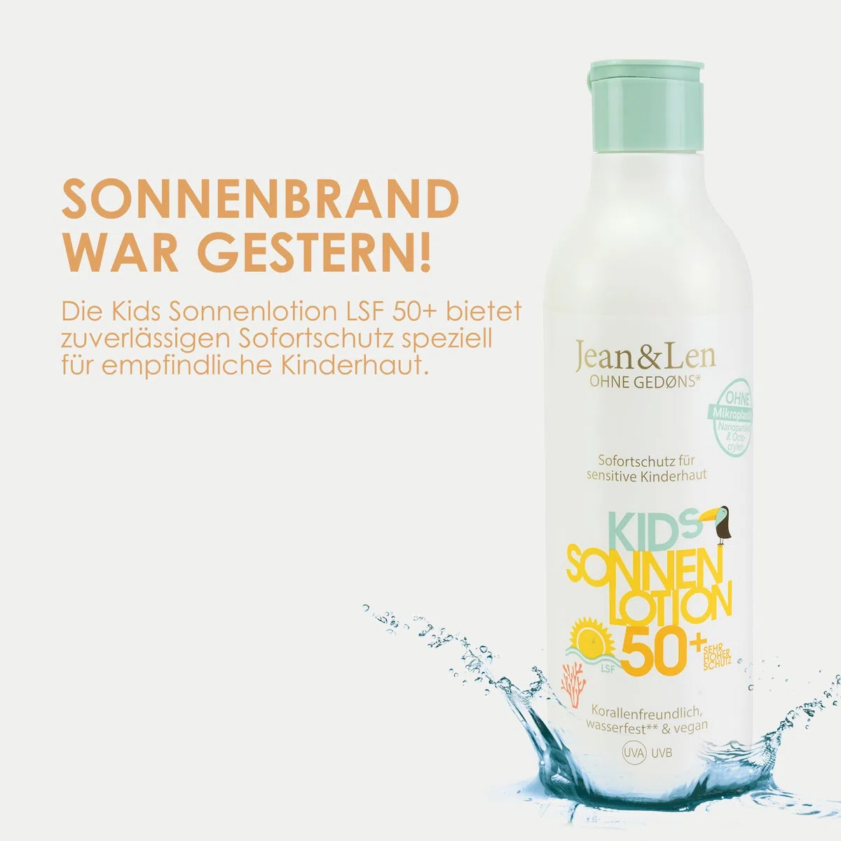 Jean & Len Sensitive Kids Sonnen Lotion LSF 50+, Sofortschutz für sensitive Kinderhaut, für empfindliche Kinderhaut ab 6 Monate, Korallenfreundlich, Sonnencreme Kinder, ohne Octocrylen, vegan, 250 ml