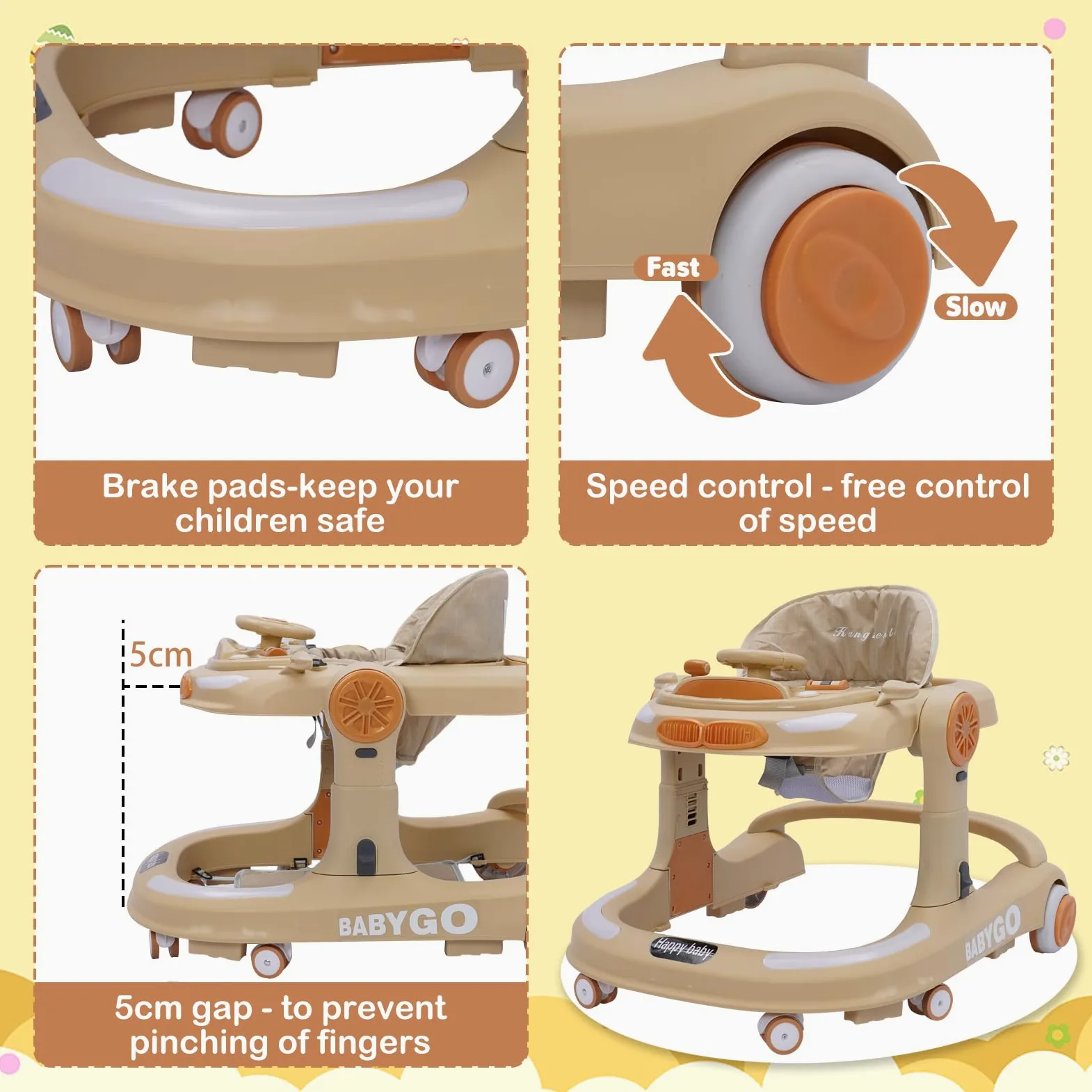 4 in 1 Lauflernhilfe, Baby Walker Höhenverstellbar, Gehhilfe mit Esstablett, Spielcenter, Bodenmatte und Bremse, Anti-Collision Design, Faltbarer Lauflernwagen Baby ab 6 9 18 Monate