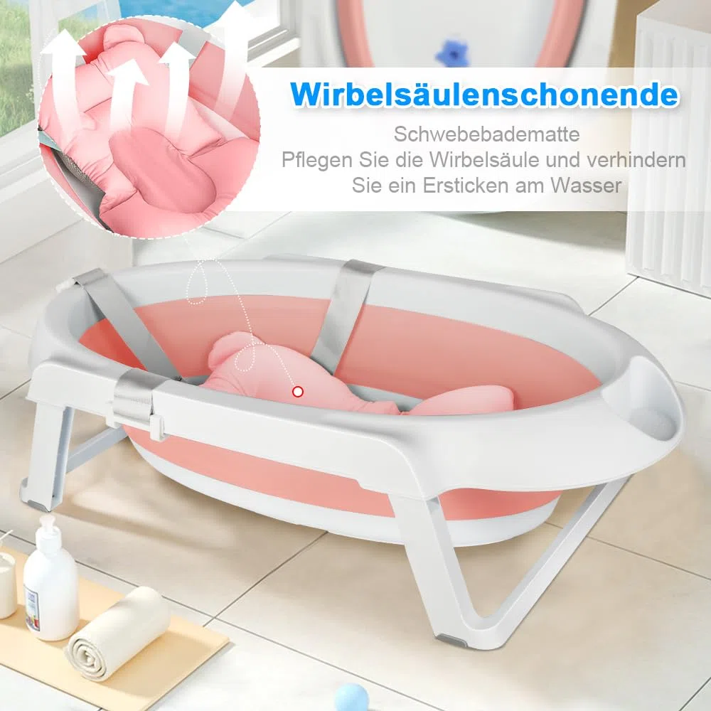 OHMG Baby Badewanne mit Gestell 82cm,Faltbare Babybadewanne mit Rutschfestem Ständer,Baby Wanne,Badewanneneinsatz Baby für Neugeborene Kleinkinder,Groß Volumen (Rosa-66x61x82cm)