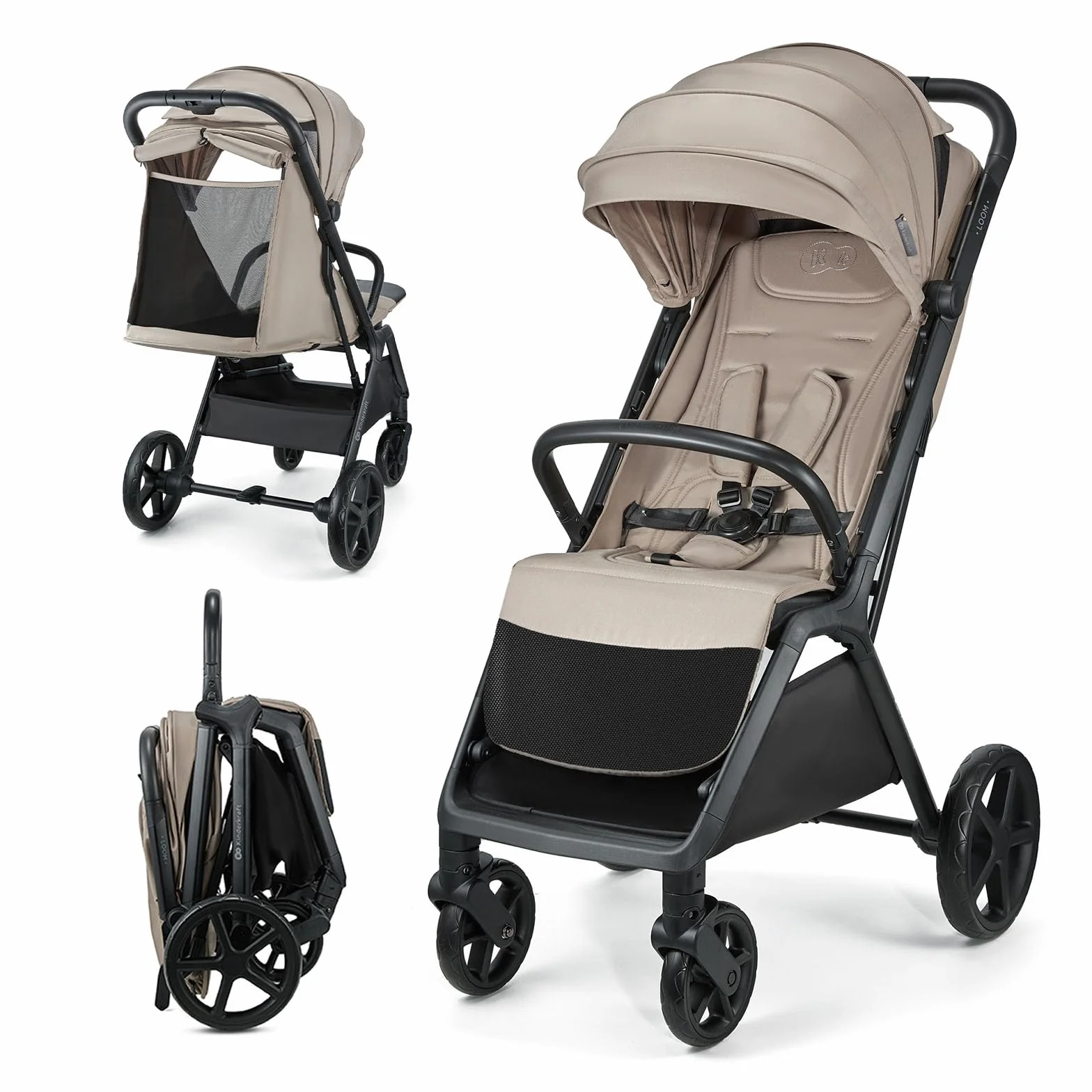 Kinderkraft LOOM Kompakter und leichter Buggy, automatisches Zusammenklappen, große pannensichere Räder, verstellbare Rückenlehne, ab Geburt bis 22 kg, Beige