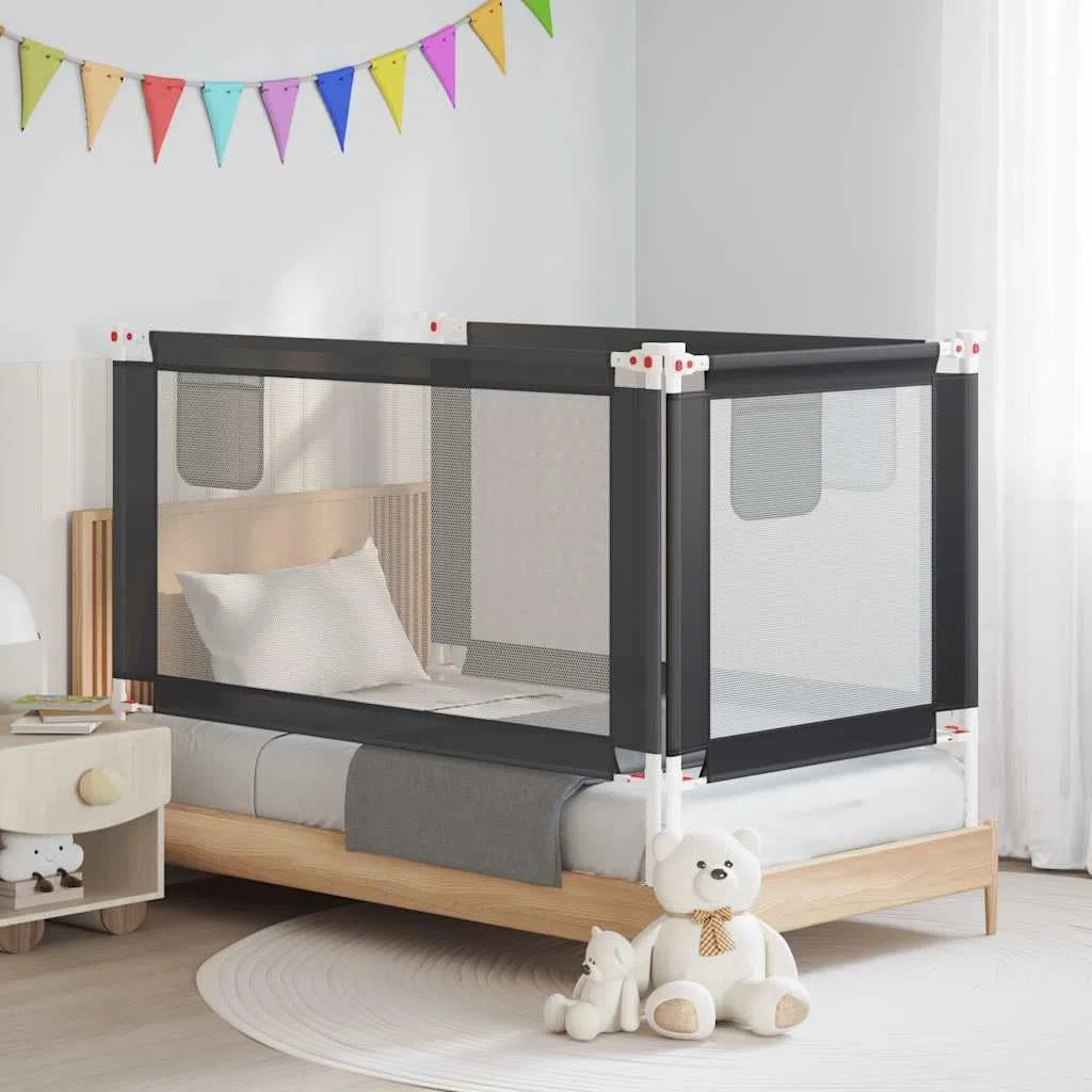 Kleinkind-Bettschutzgitter Dunkelgrau 150x25 cm Stoff mit Höhenverstellung, Rausfallschutz und klappbarer Barriere für Kinderbett, Elternbett, Boxspringbett und Reisebett