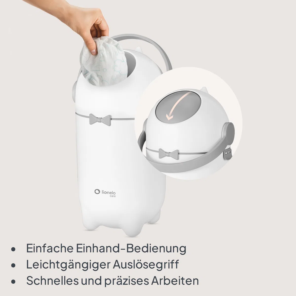 Lionelo Purebin – Windeleimer geruchsdicht, für universelle Beutel (ohne Kassette), Einhand-Bedienung, 10 L – hygienischer Windelbehälter für Babyzimmer