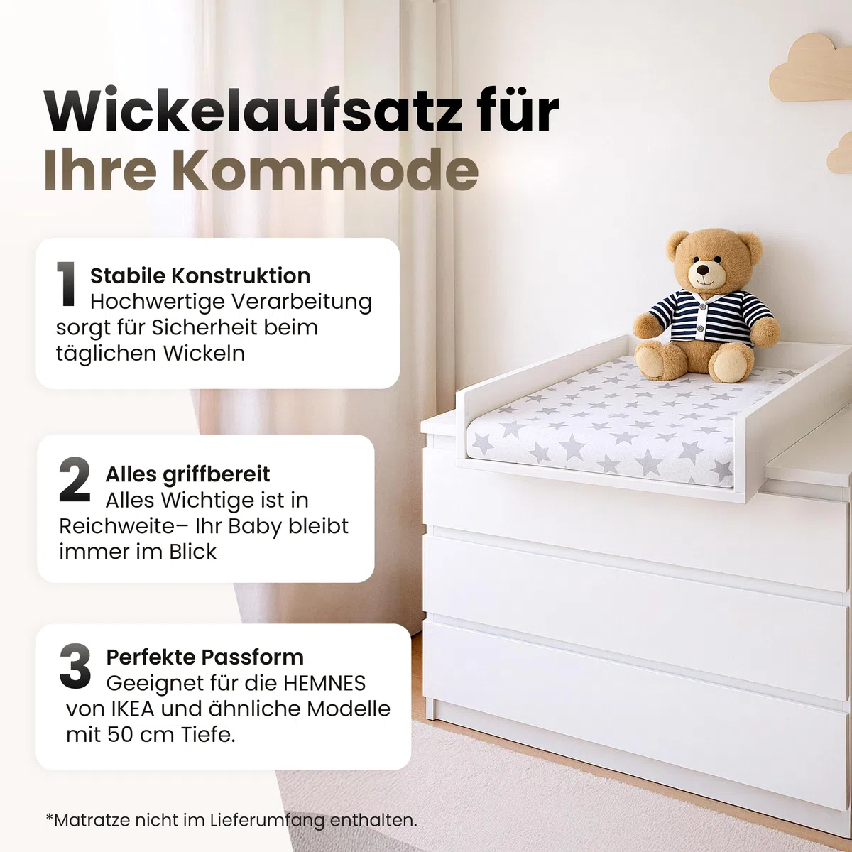 Wickelaufsatz für Hemnes von IKEA, Wickeltischaufsatz für 50 cm Kommoden, Abnehmbar Wickelkommode aufsatz, Abgerundeten Frontplatten, Weiß, 72cm x 54cm