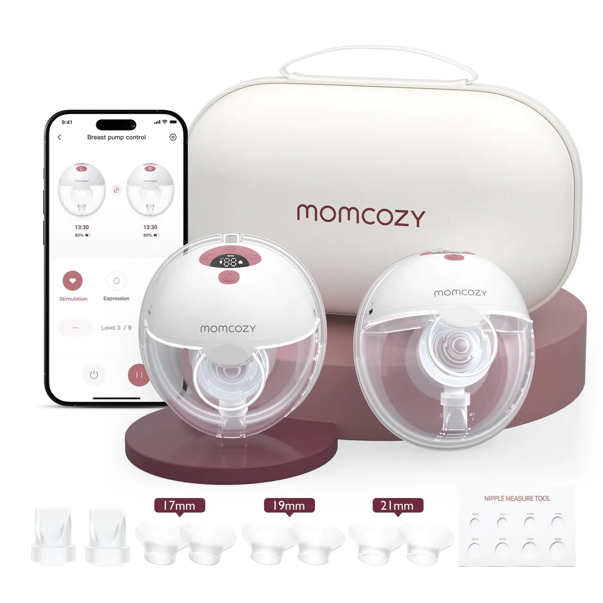 Momcozy M5 Smart Milchpumpe Elektrische, App-Steuerung, Handsfree Doppel Brustpumpe mit 3 Modi 9 Stufen - 2 Pack, Rot