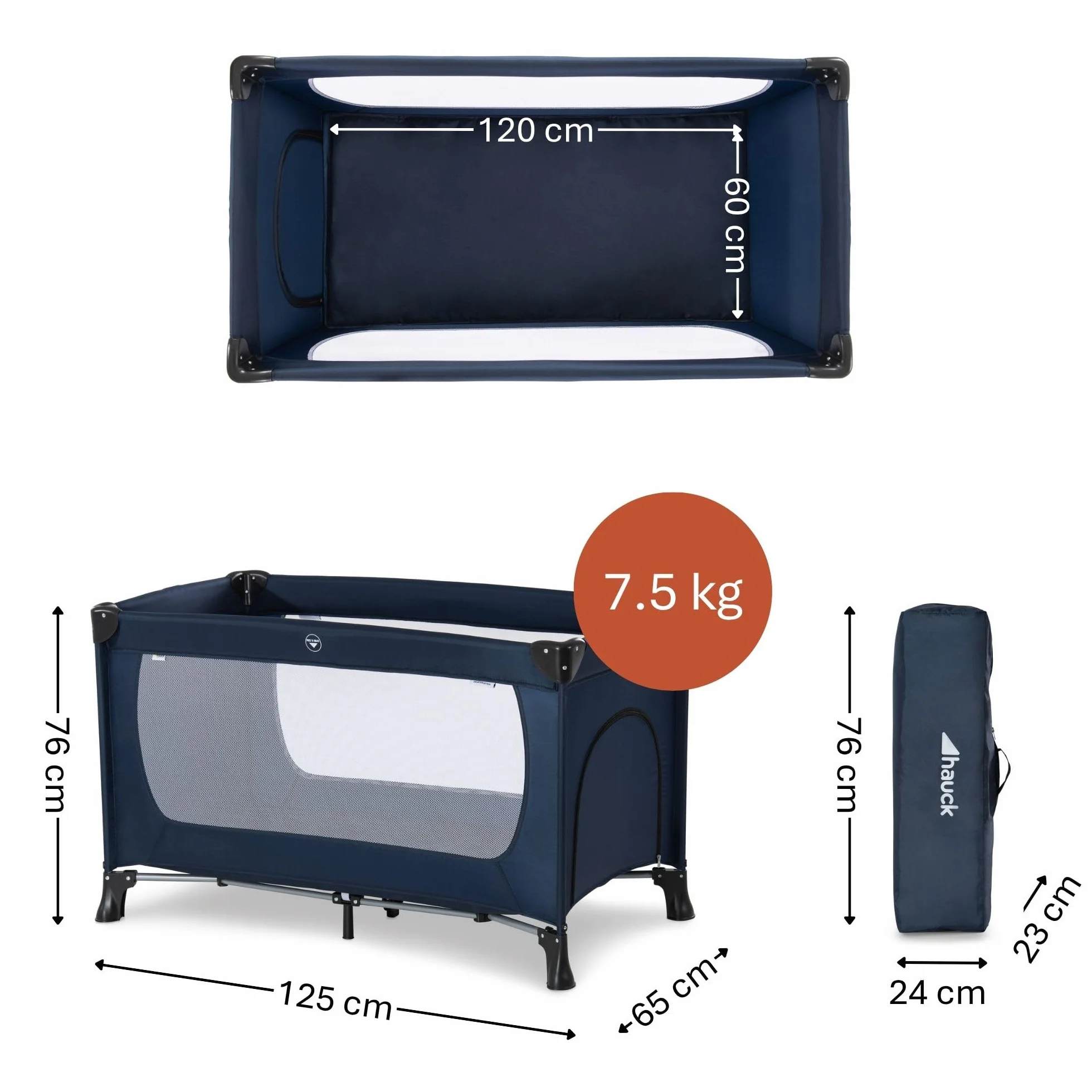 hauck Kinderreisebett Dream N Play Plus mit Transporttasche und Schlupf zum Spielen, Klein Zusammenklappbar, Baby Reisebett Kleinkind ab Geburt bis 15 kg (Navy/Aqua)