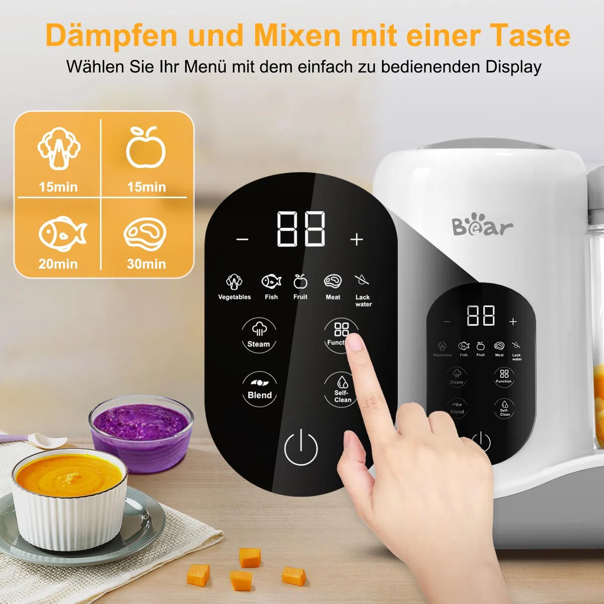 Bear Babynahrungszubereiter,Eine Stufe Baby Food Maker Dampfgarer Mixen,Automatisches Kochen & Zerkleinern,Babybrei Zubereiter mit Selbstreinigungsfunktion,Weiß
