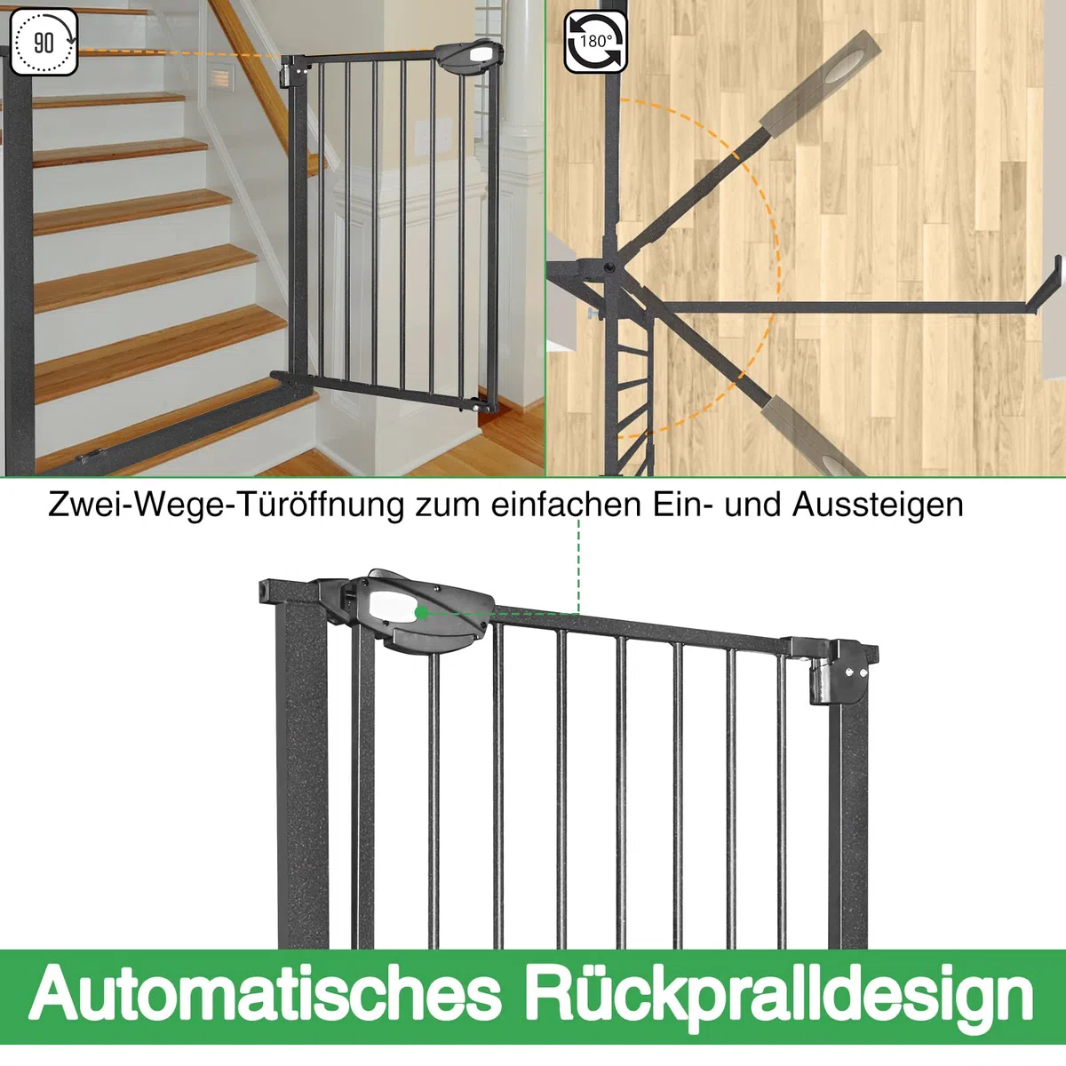 XMTECH Treppengitter Schwarz 85-95cm Breit, Auto-Close Safety Gate mit Druckbefestigung, 180° Zweiwegeöffnung